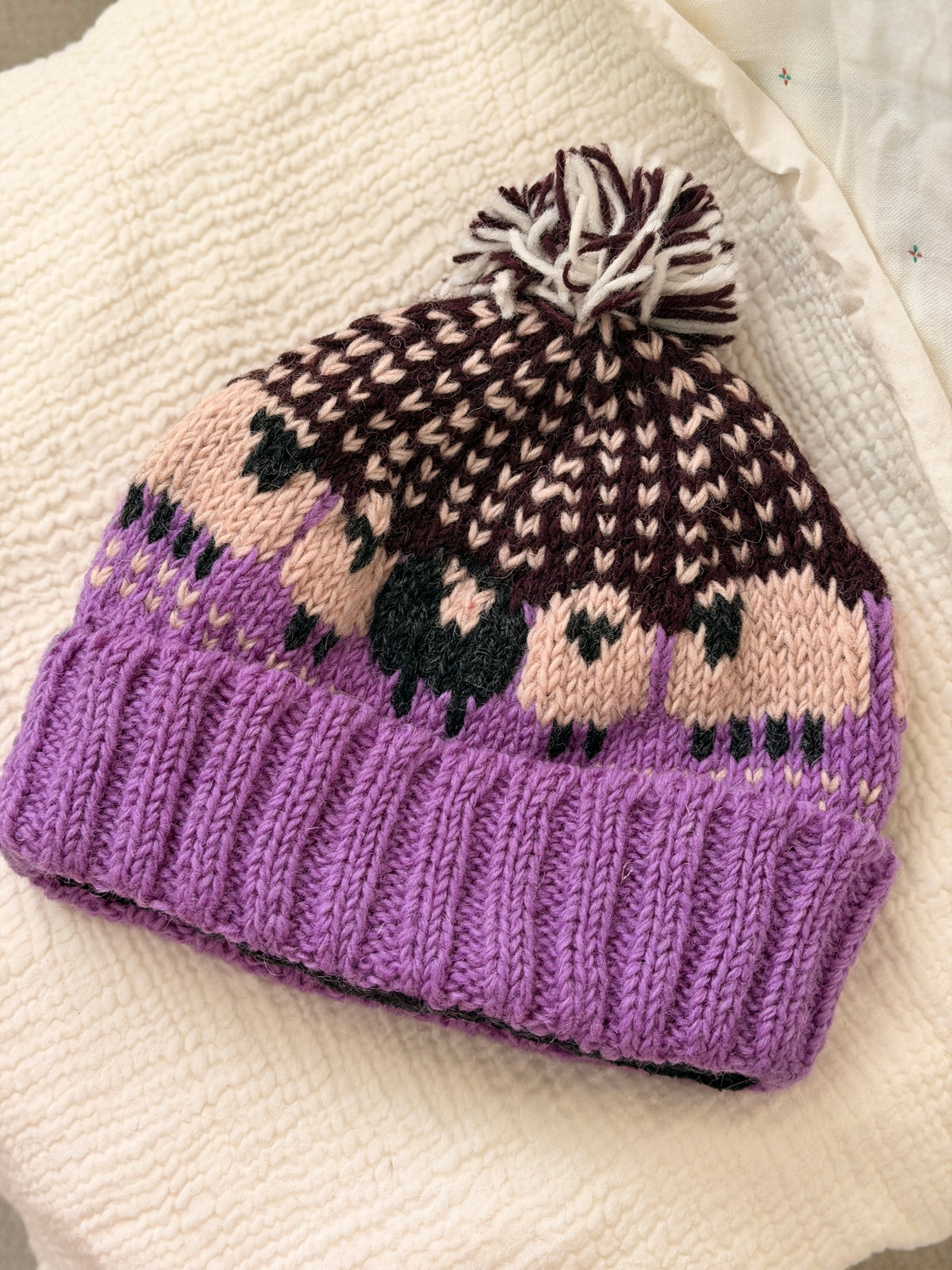 Hand Knit Wool Sheep Hat | Nepal Wool Beanie with Pom Pom | Colorful Winter Hat | Fair Isle Style Beanie | Handmade in Nepal