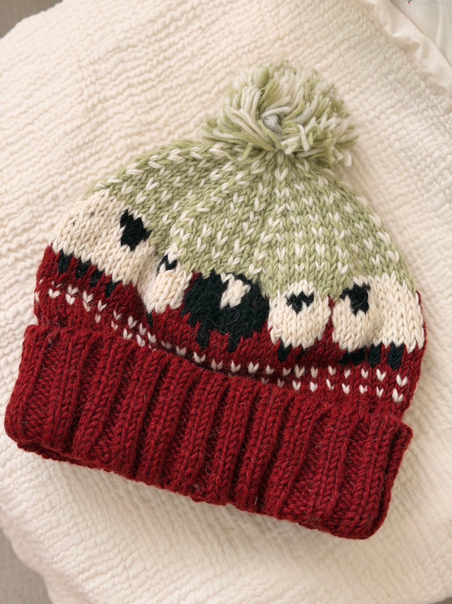 Hand Knit Wool Sheep Hat | Nepal Wool Beanie with Pom Pom | Colorful Winter Hat | Fair Isle Style Beanie | Handmade in Nepal
