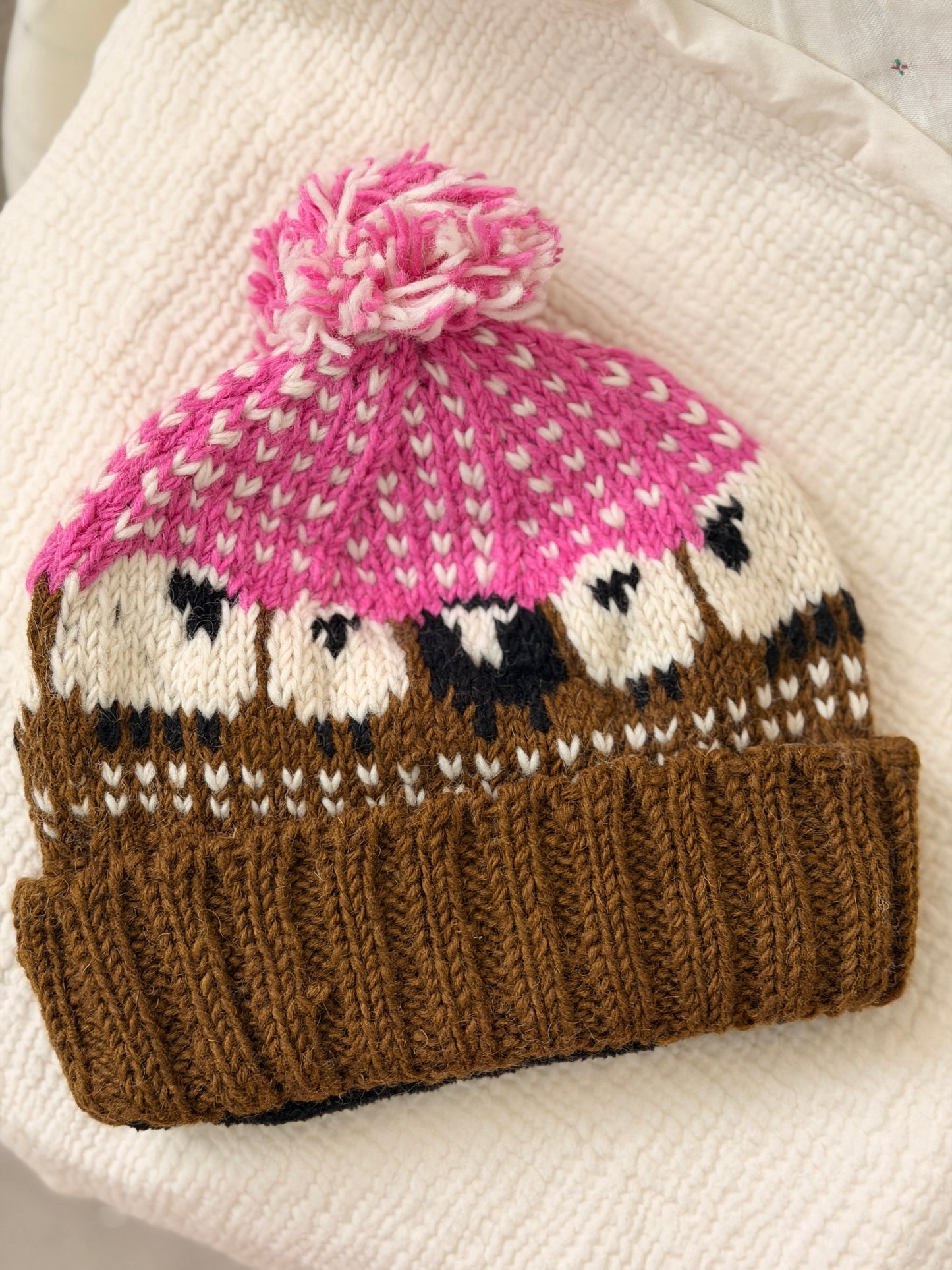 Hand Knit Wool Sheep Hat | Nepal Wool Beanie with Pom Pom | Colorful Winter Hat | Fair Isle Style Beanie | Handmade in Nepal