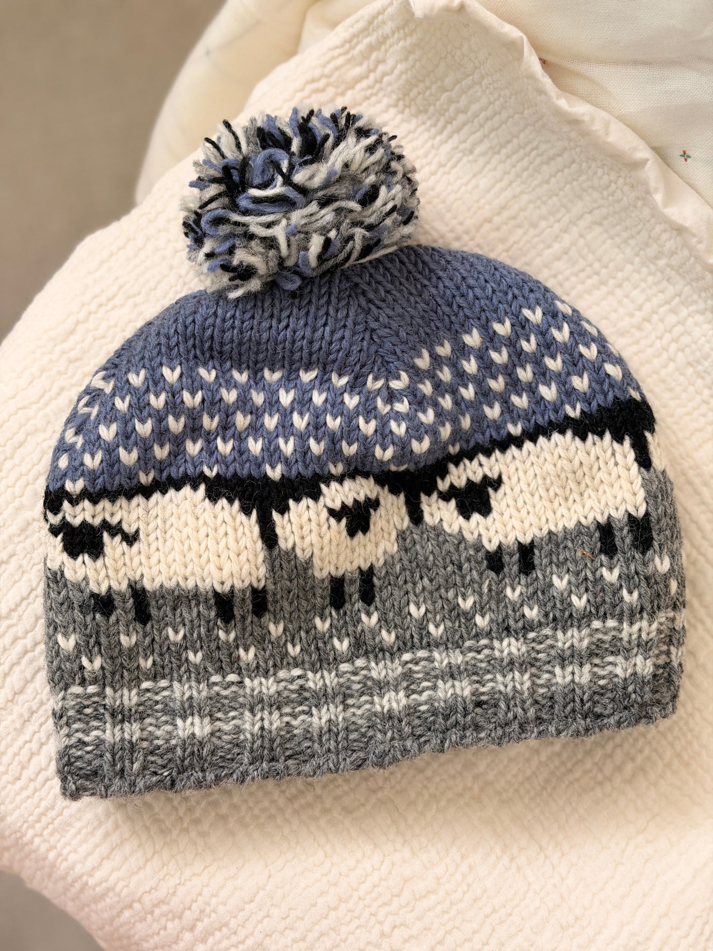 Hand Knit Wool Sheep Hat | Nepal Wool Beanie with Pom Pom | Colorful Winter Hat | Fair Isle Style Beanie | Handmade in Nepal