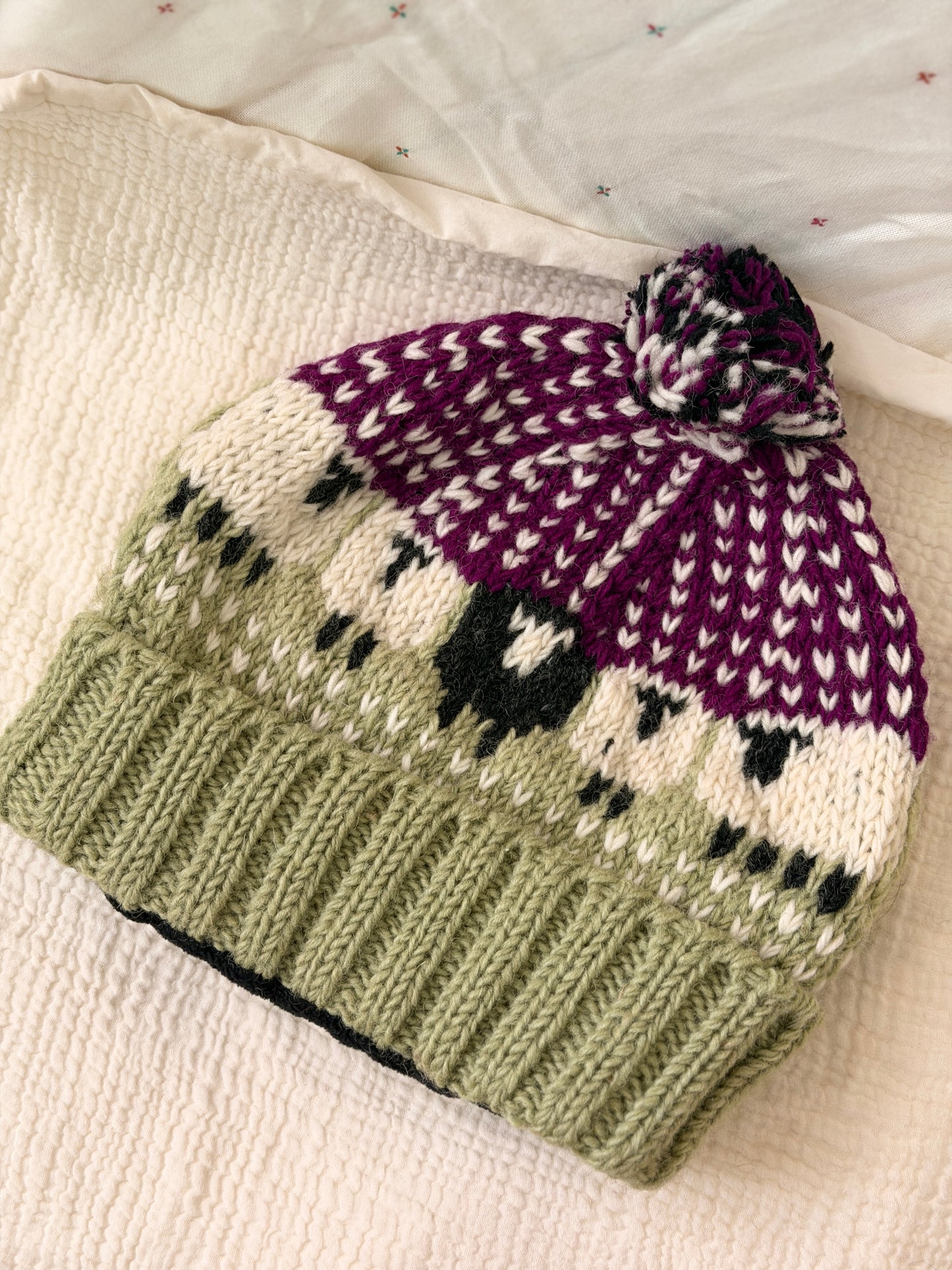 Hand Knit Wool Sheep Hat | Nepal Wool Beanie with Pom Pom | Colorful Winter Hat | Fair Isle Style Beanie | Handmade in Nepal
