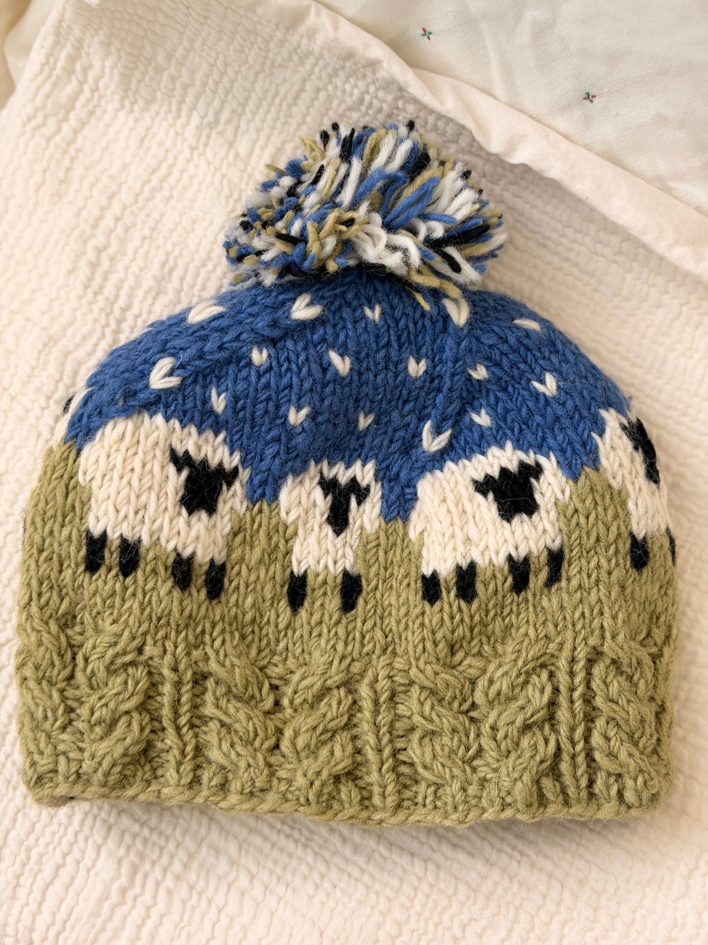 Hand Knit Wool Sheep Hat | Nepal Wool Beanie with Pom Pom | Colorful Winter Hat | Fair Isle Style Beanie | Handmade in Nepal