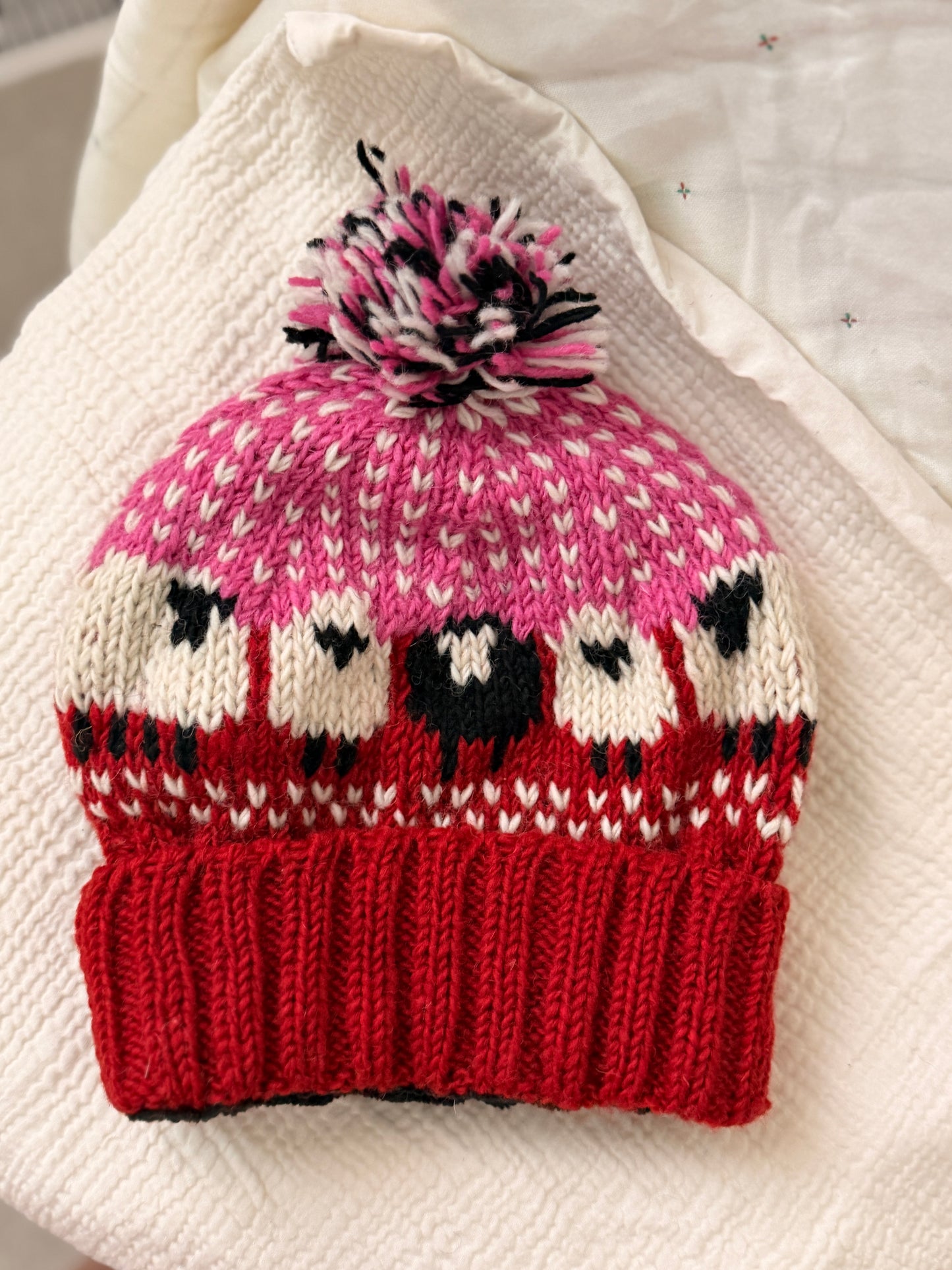 Hand Knit Wool Sheep Hat | Nepal Wool Beanie with Pom Pom | Colorful Winter Hat | Fair Isle Style Beanie | Handmade in Nepal