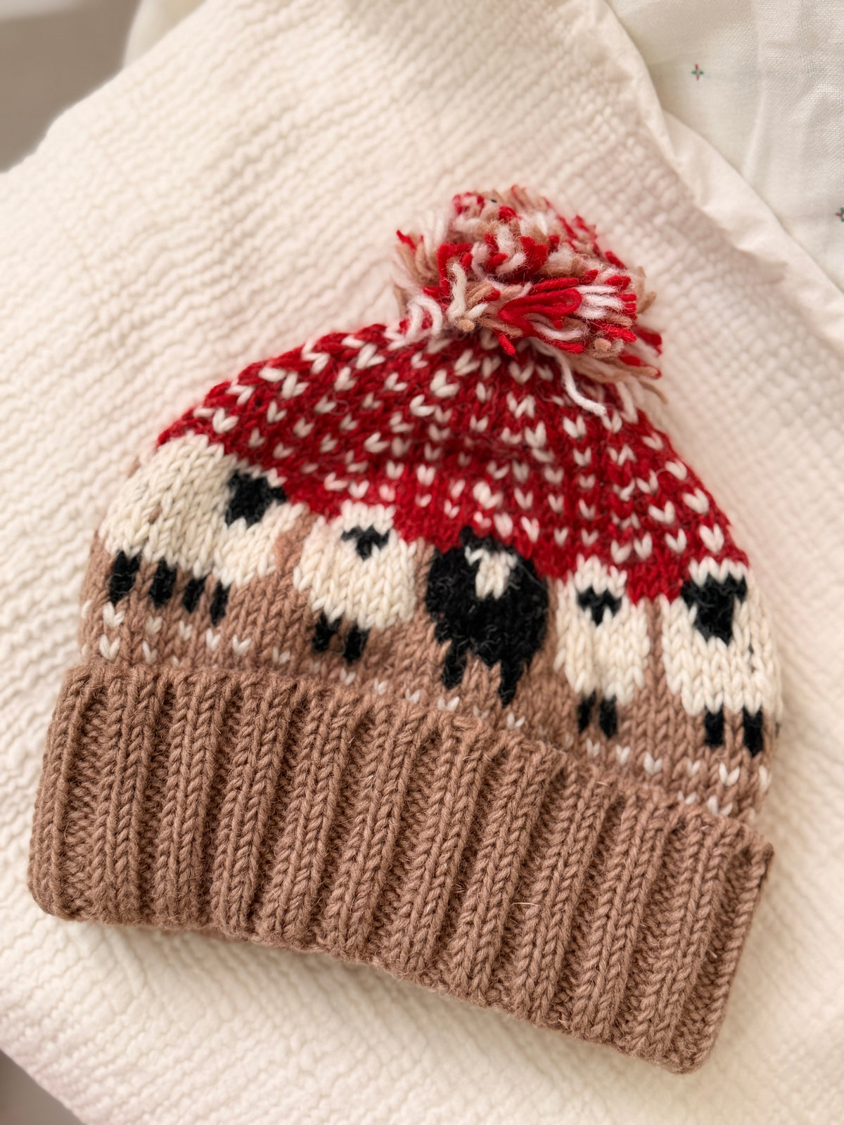 Hand Knit Wool Sheep Hat | Nepal Wool Beanie with Pom Pom | Colorful Winter Hat | Fair Isle Style Beanie | Handmade in Nepal