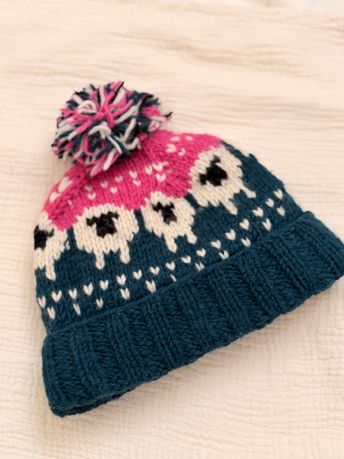 Hand Knit Wool Sheep Hat | Nepal Wool Beanie with Pom Pom | Colorful Winter Hat | Fair Isle Style Beanie | Handmade in Nepal