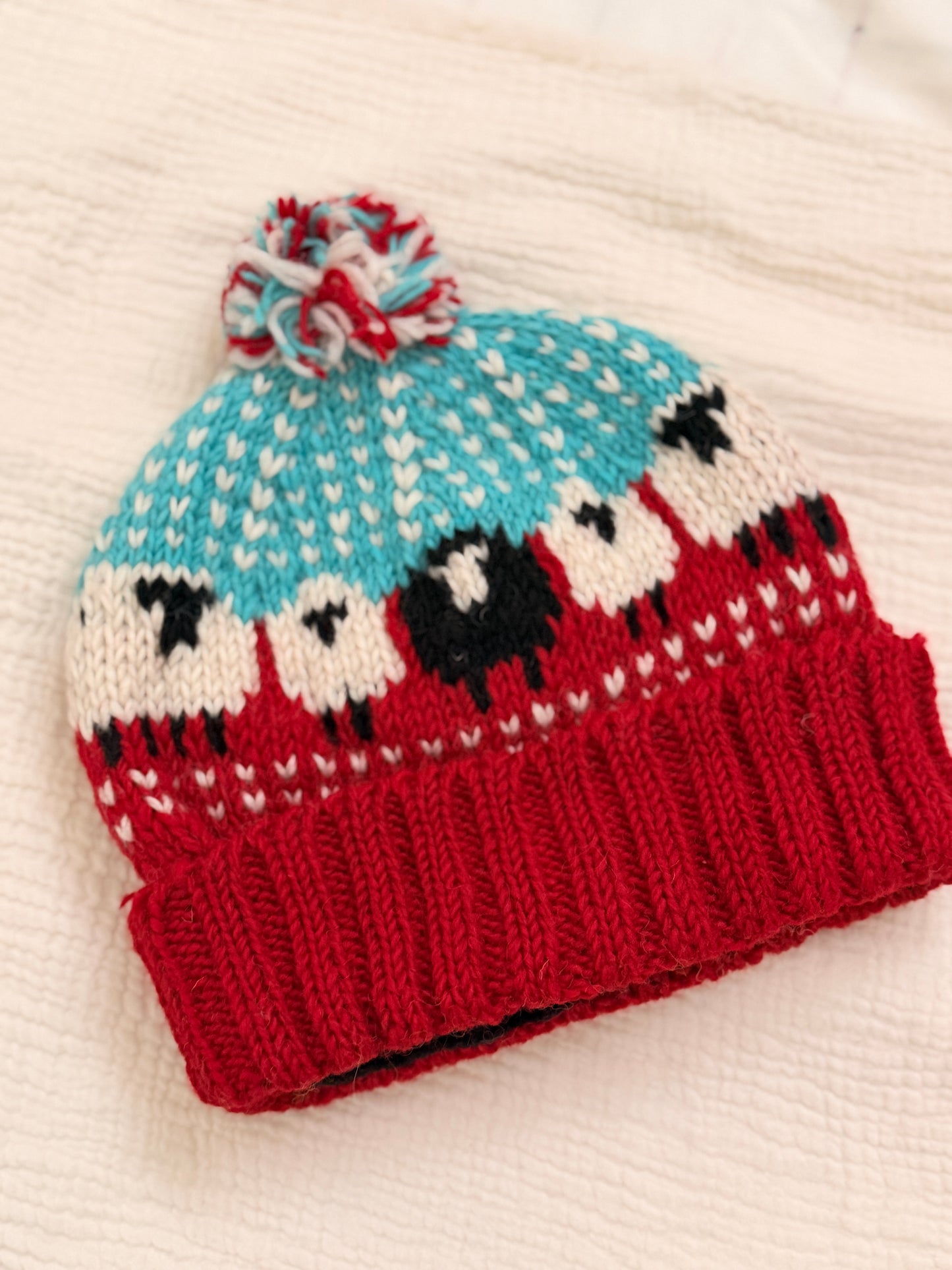 Hand Knit Wool Sheep Hat | Nepal Wool Beanie with Pom Pom | Colorful Winter Hat | Fair Isle Style Beanie | Handmade in Nepal