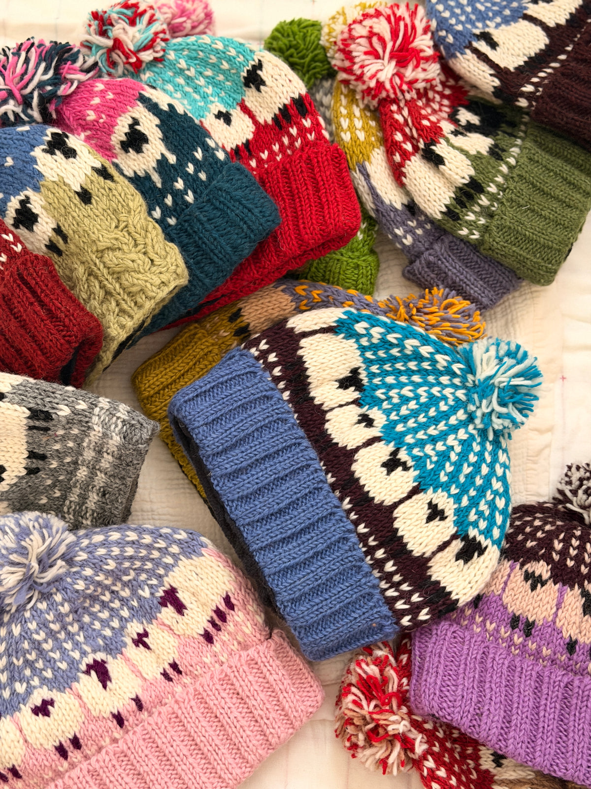Hand Knit Wool Sheep Hat | Nepal Wool Beanie with Pom Pom | Colorful Winter Hat | Fair Isle Style Beanie | Handmade in Nepal