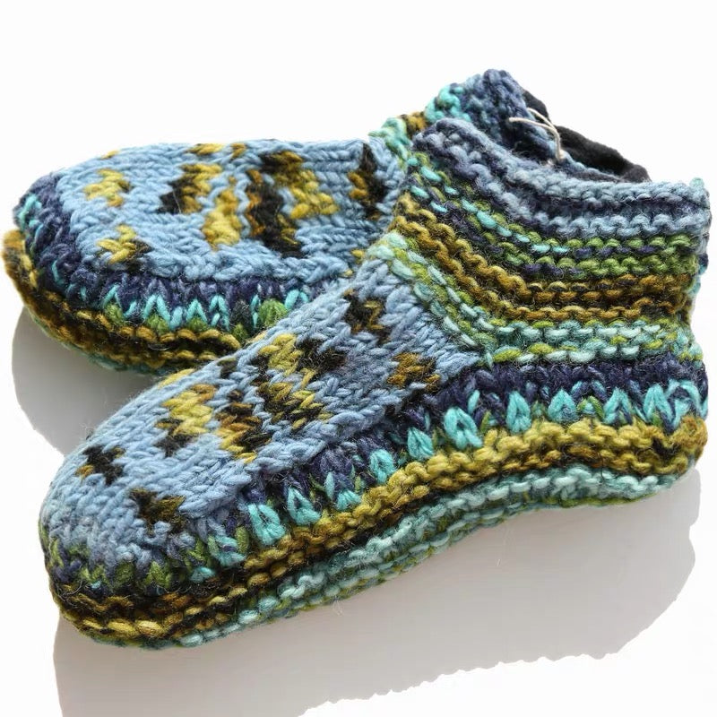 Hand Knit Wool Slippers, Fleece Lined Slipper Socks, Colorful House Slippers, Handmade in Nepal