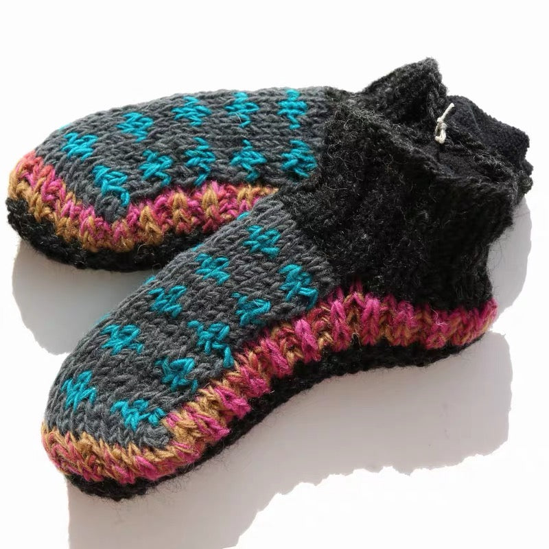 Hand Knit Wool Slippers, Fleece Lined Slipper Socks, Colorful House Slippers, Handmade in Nepal