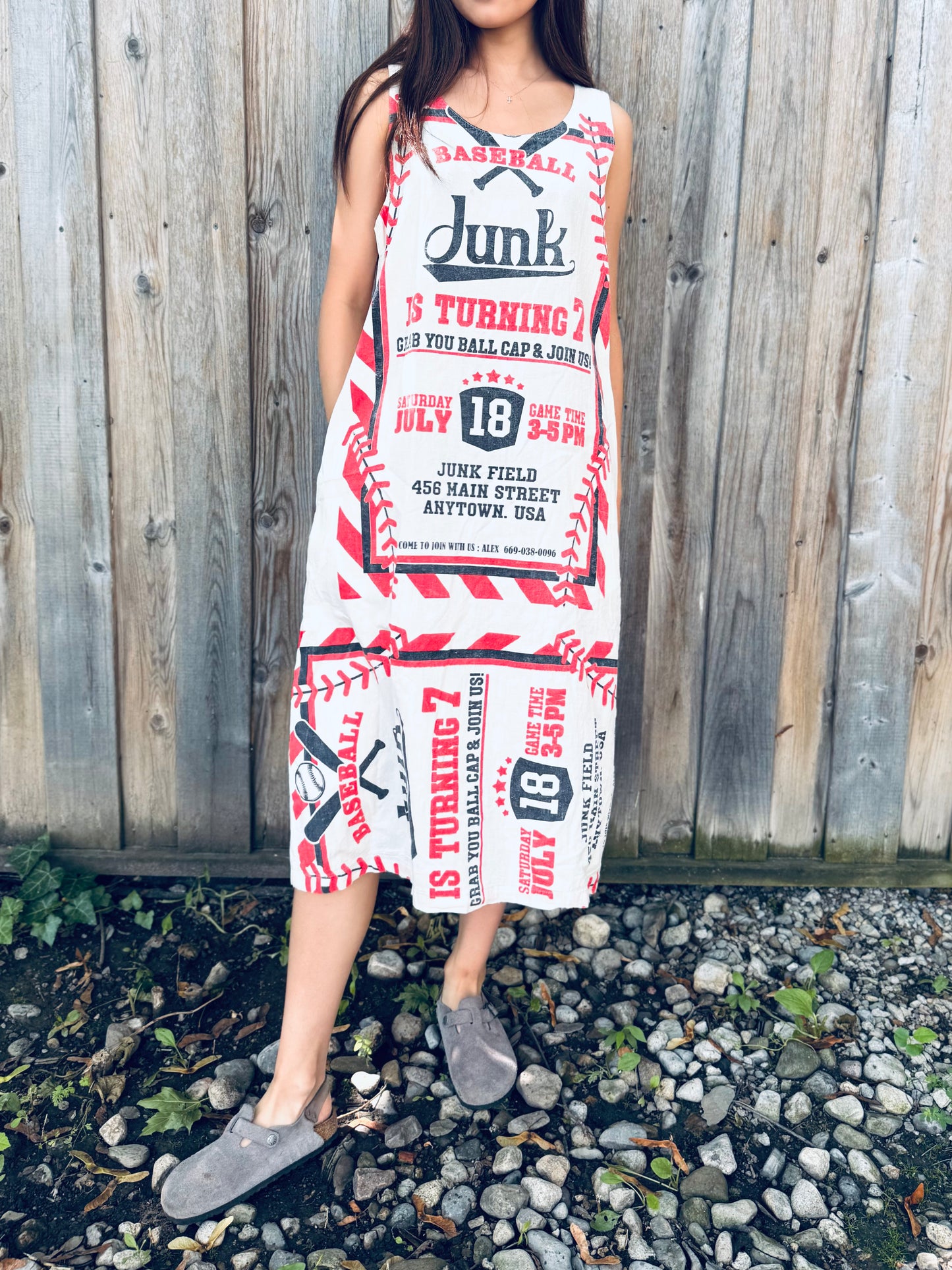 Vintage Baseball Graphic Washed Cotton Dress