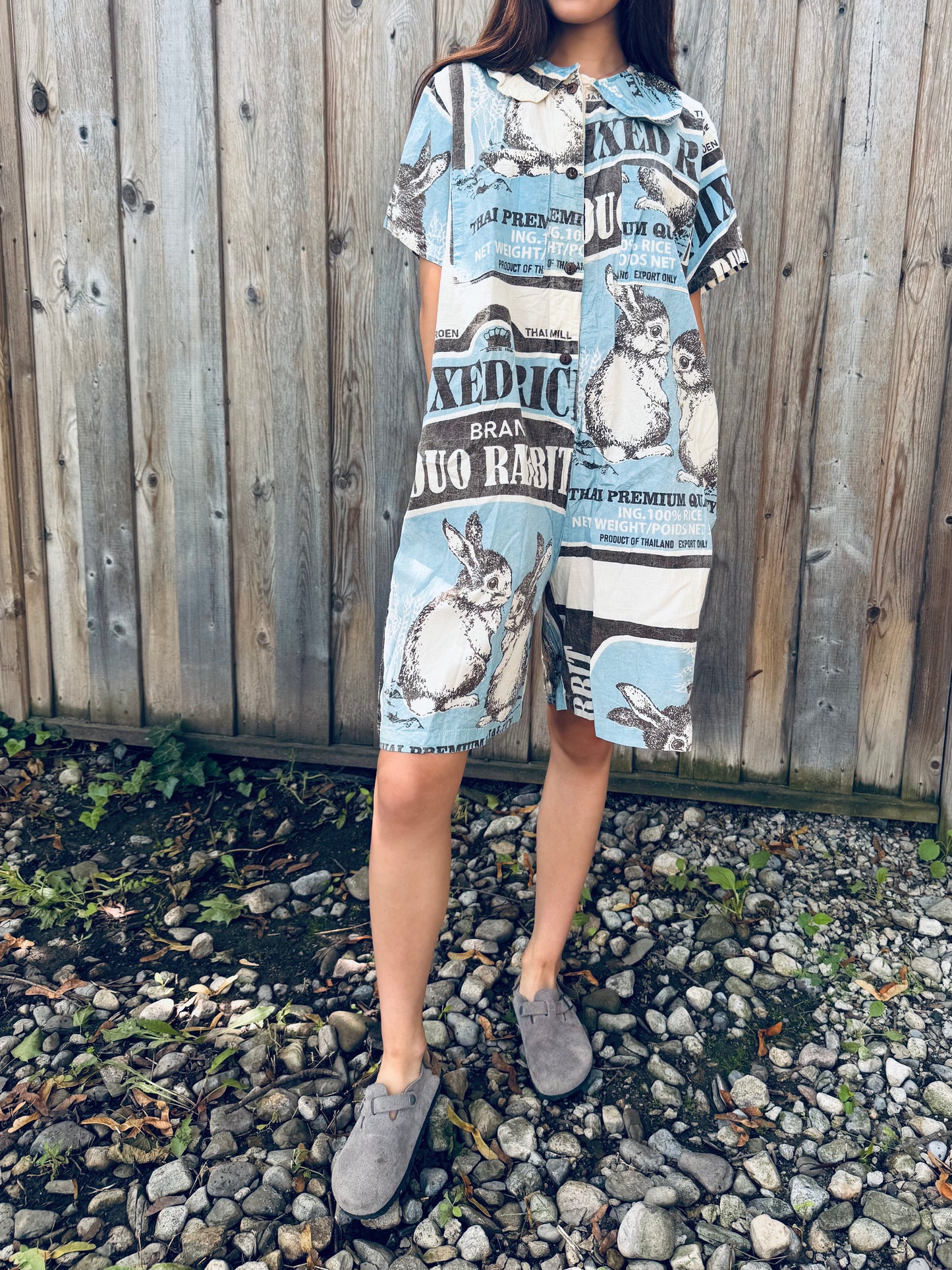 Vintage Rabbit Print Washed Cotton Shirt Dress