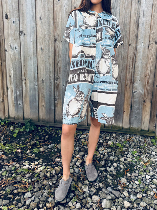 Vintage Rabbit Print Washed Cotton Jumpsuit