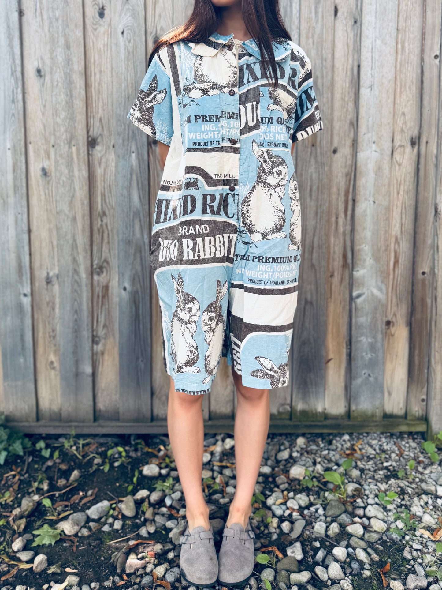 Vintage Rabbit Print Washed Cotton Shirt Dress