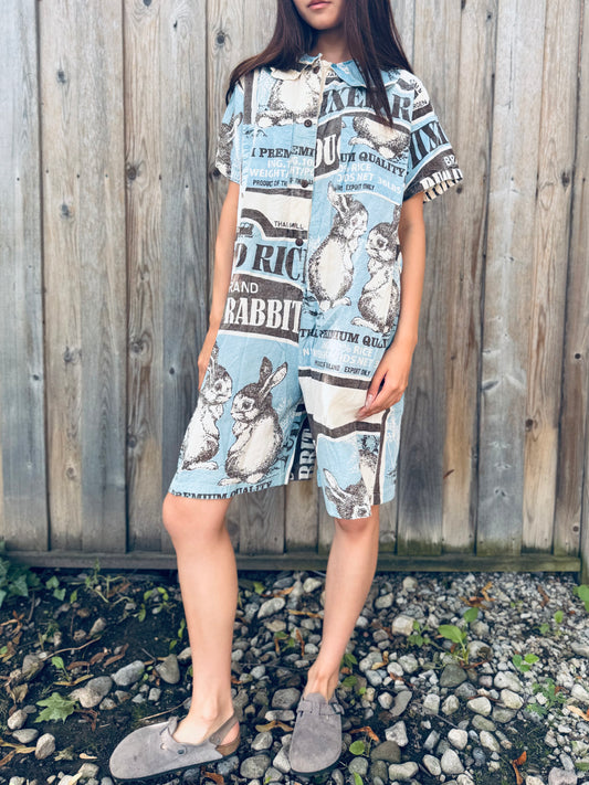 Vintage Rabbit Print Washed Cotton Shirt Dress