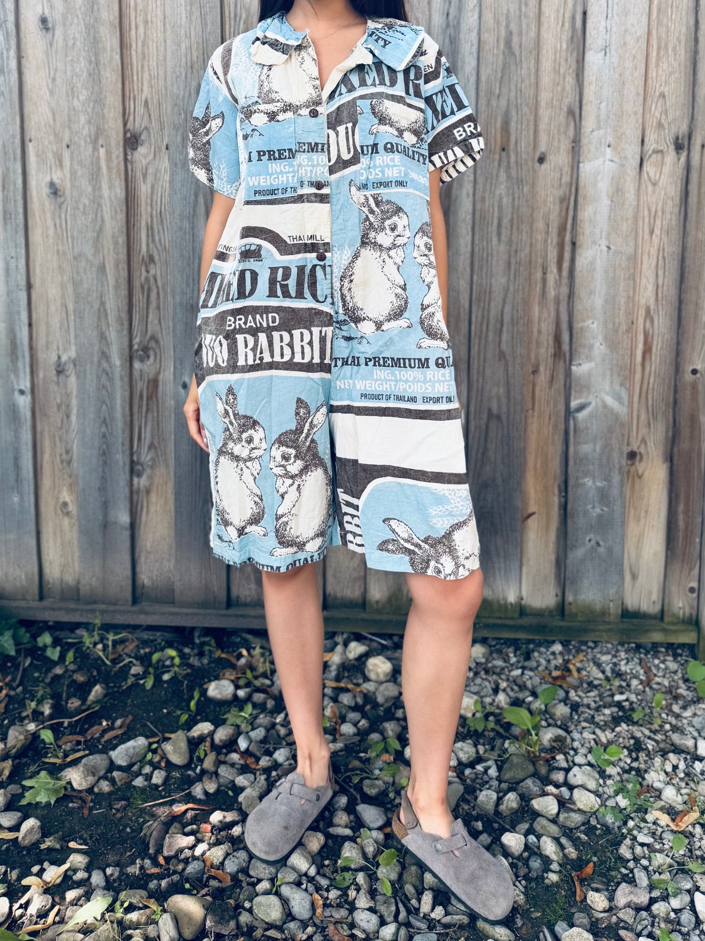 Vintage Rabbit Print Washed Cotton Shirt Dress
