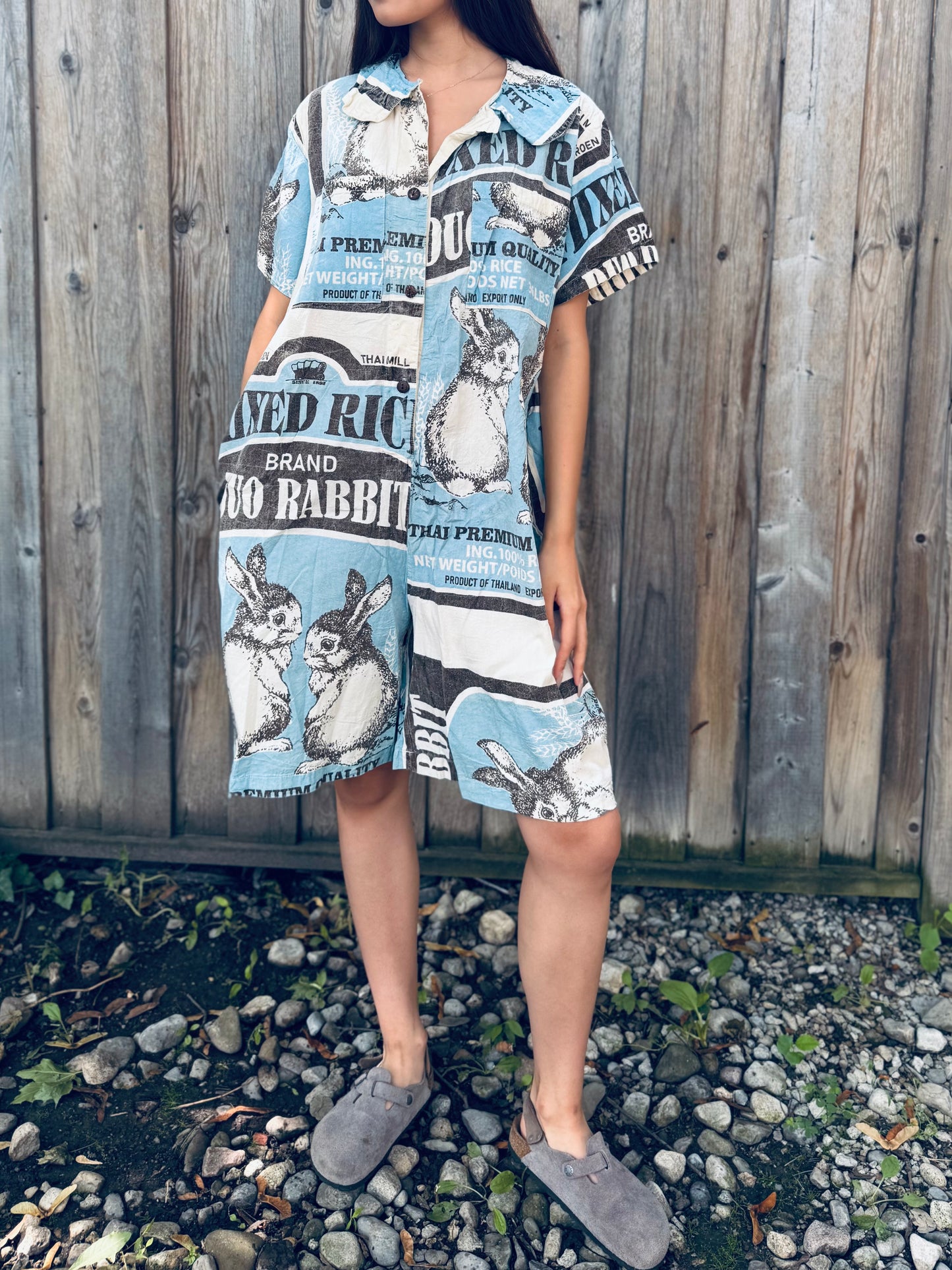 Vintage Rabbit Print Washed Cotton Shirt Dress