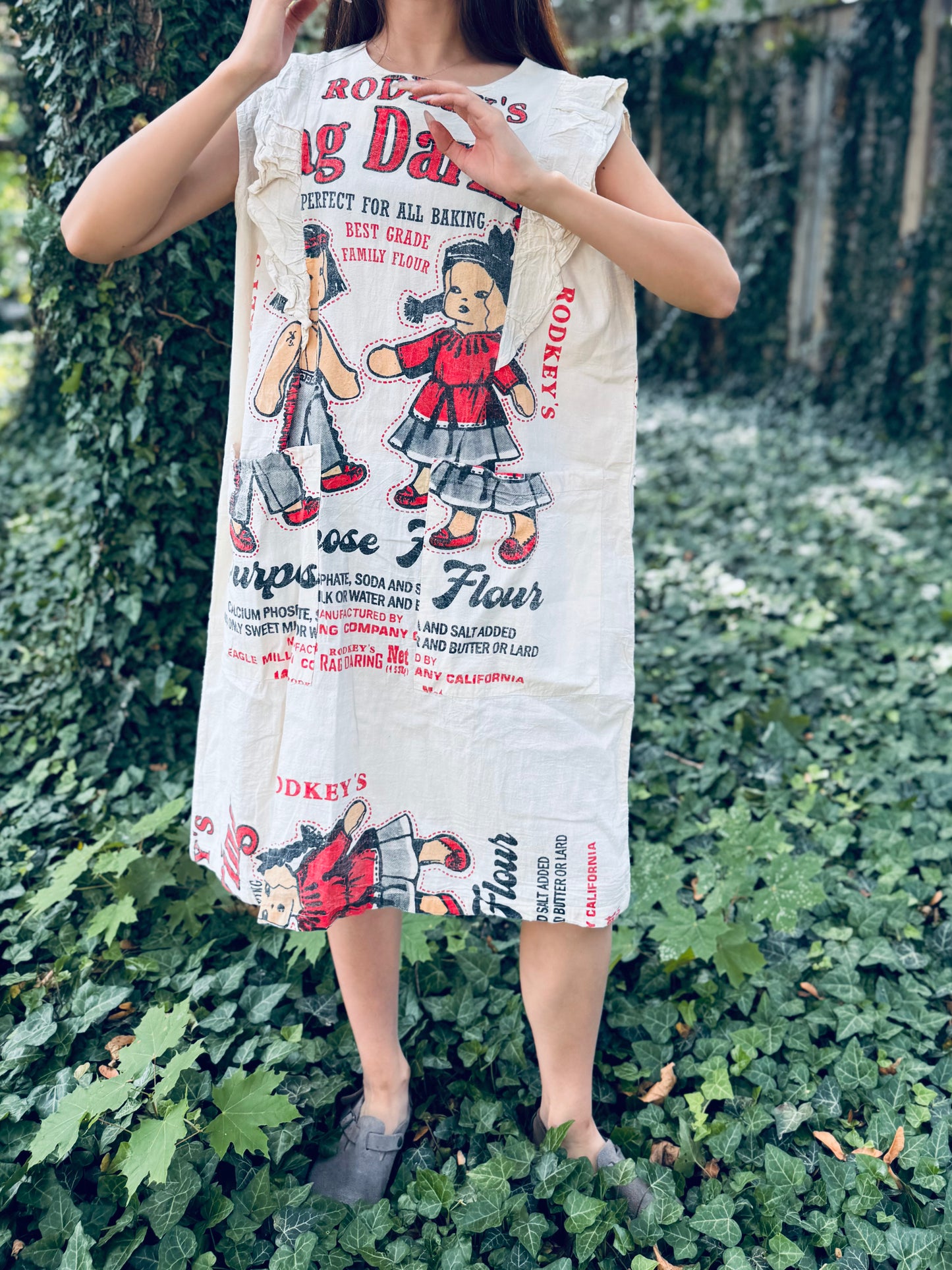Vintage Flour‑Sack Print Washed Cotton Dress