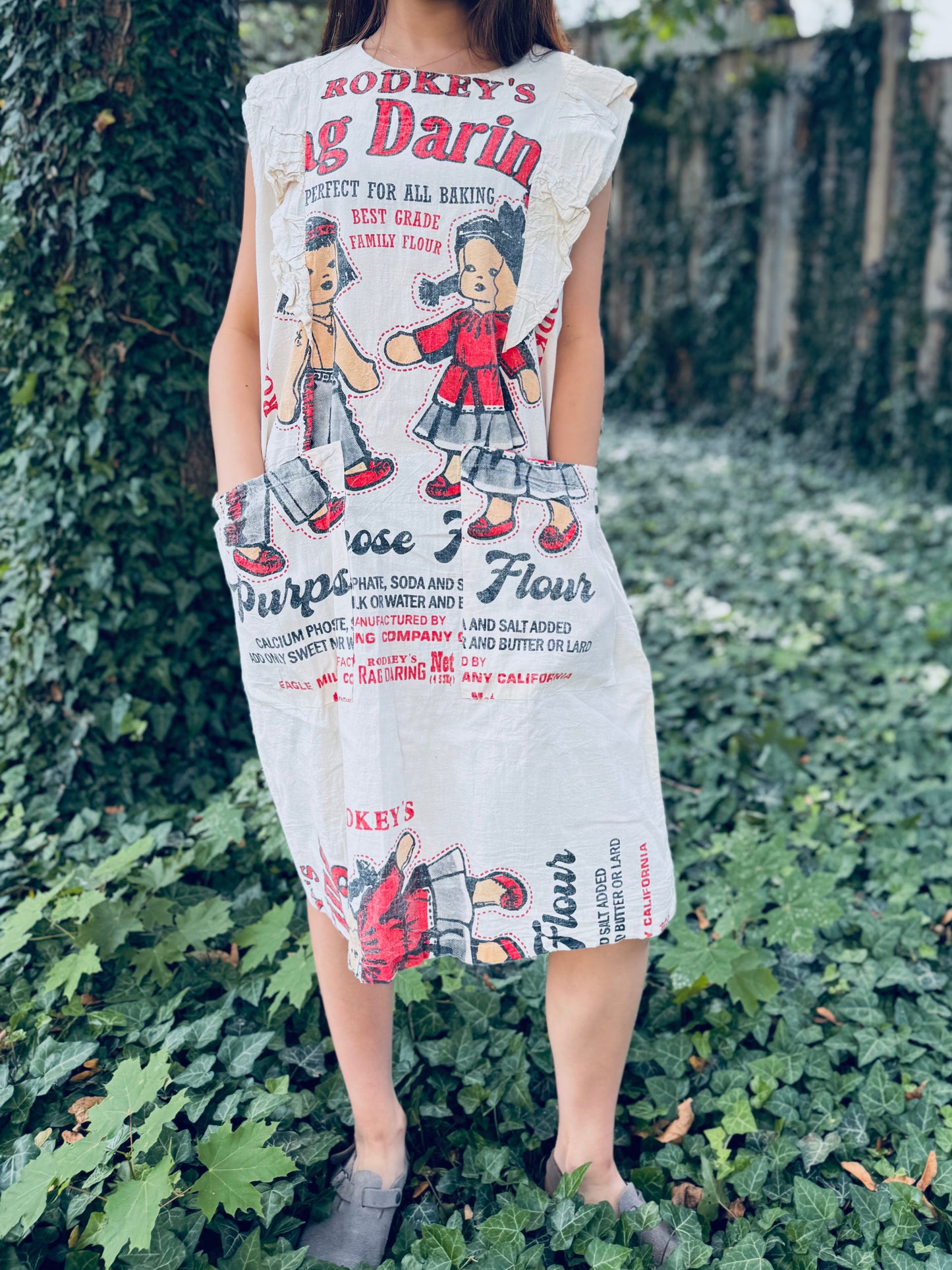 Vintage Flour‑Sack Print Washed Cotton Dress