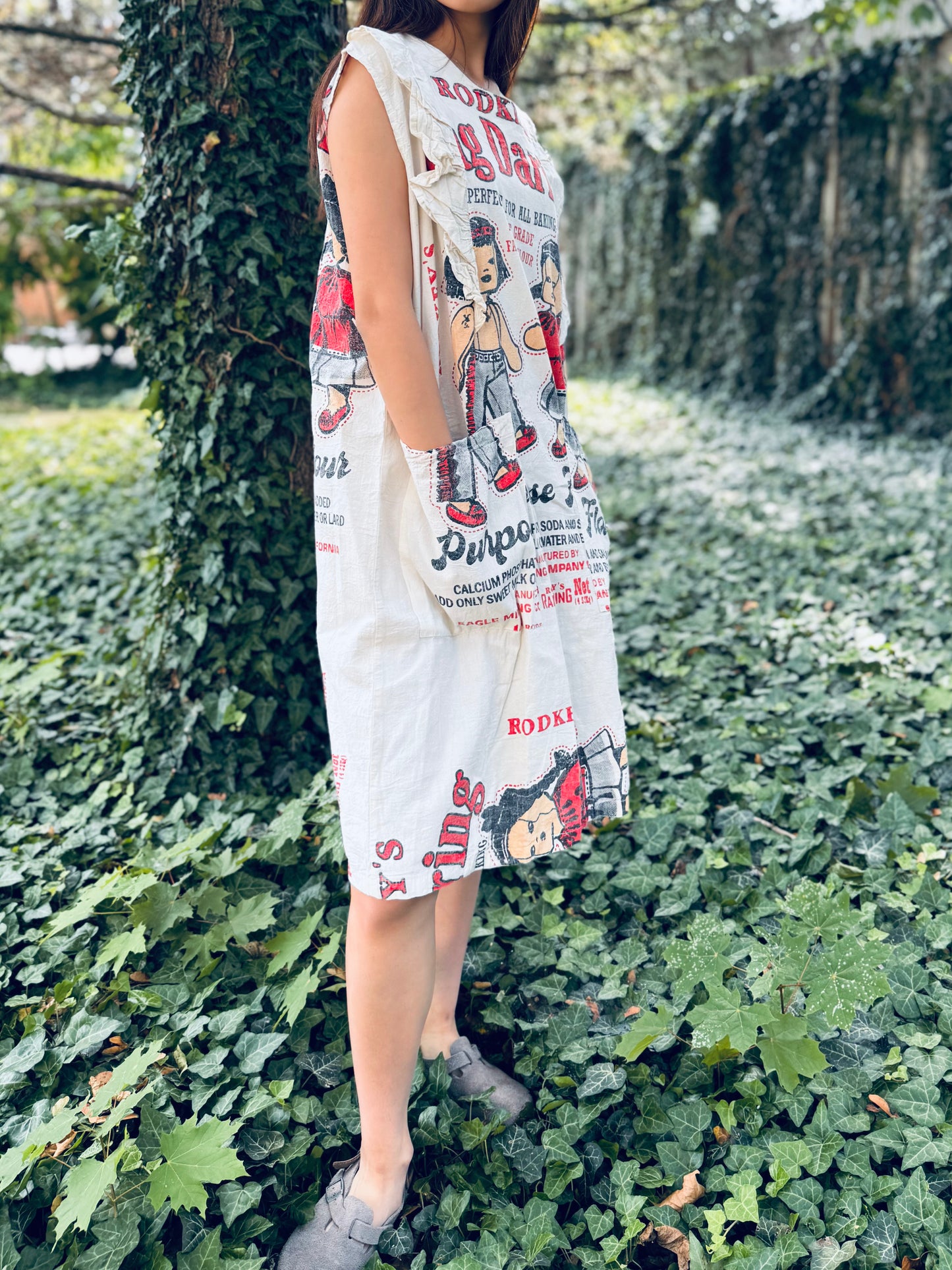 Vintage Flour‑Sack Print Washed Cotton Dress