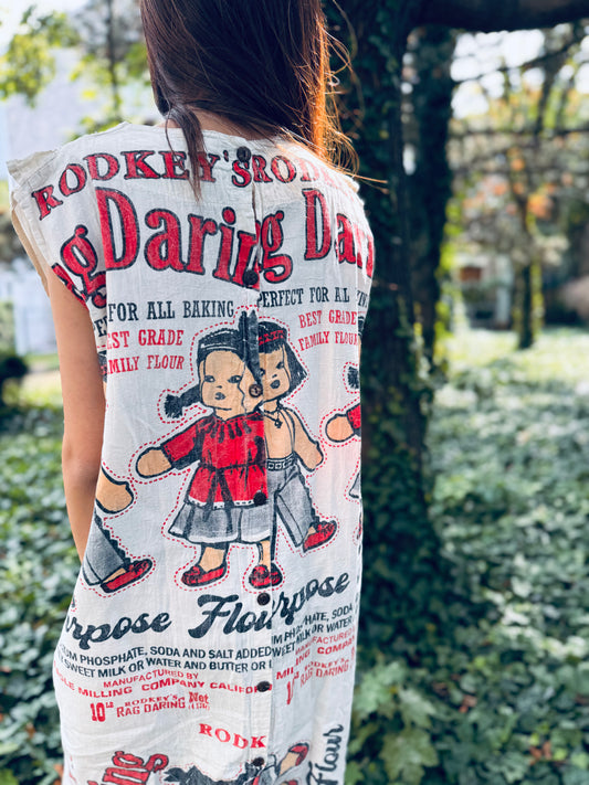 Vintage Flour‑Sack Print Washed Cotton Dress