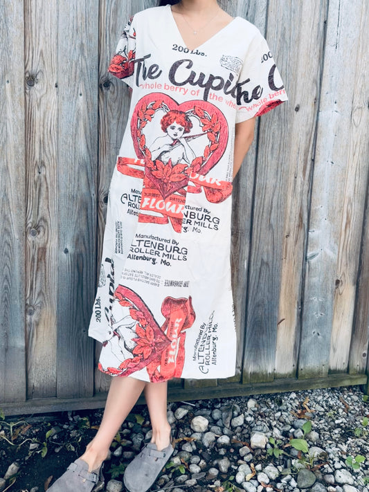 Vintage Cupid Print Washed Cotton Dress – Oversized