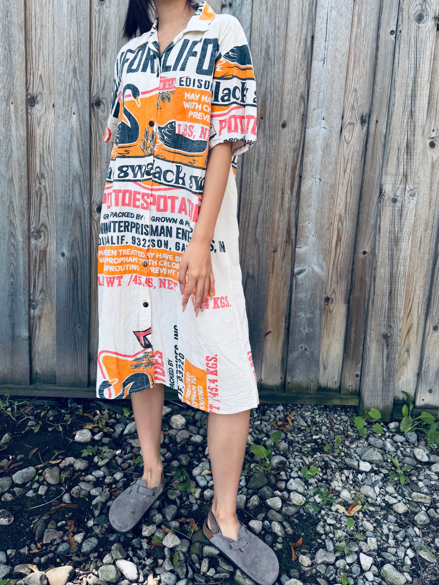 Vintage Swan Print Washed Cotton Shirt Dress – Oversized