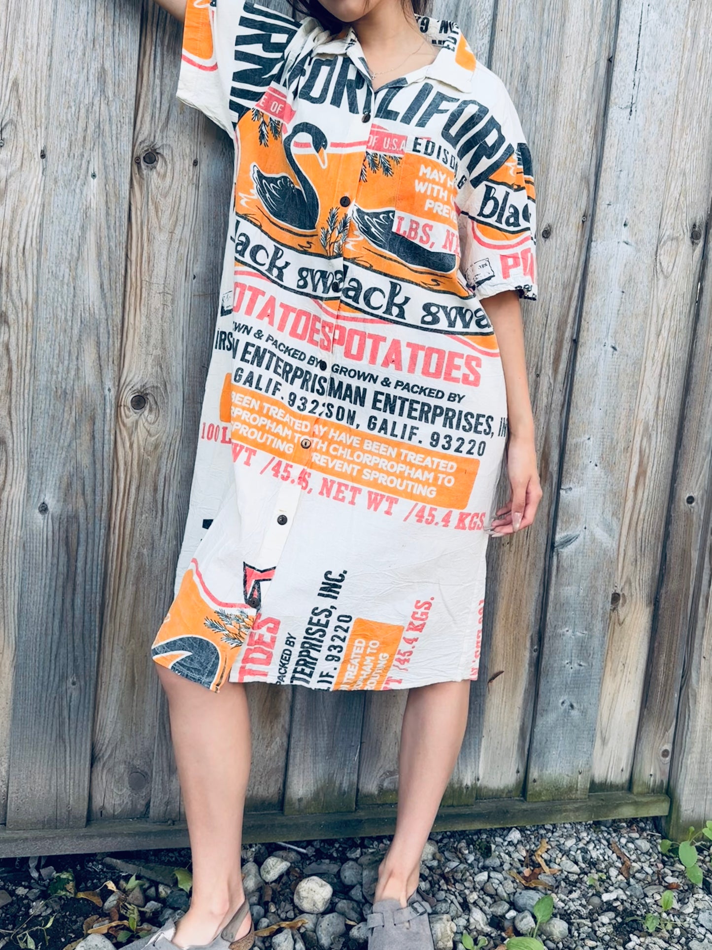 Vintage Swan Print Washed Cotton Shirt Dress – Oversized