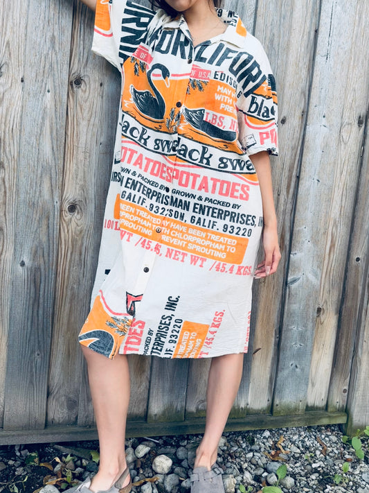 Vintage Swan Print Washed Cotton Shirt Dress – Oversized