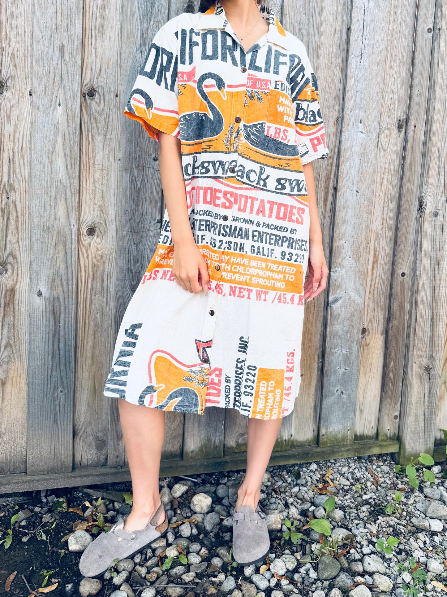 Vintage Swan Print Washed Cotton Shirt Dress – Oversized
