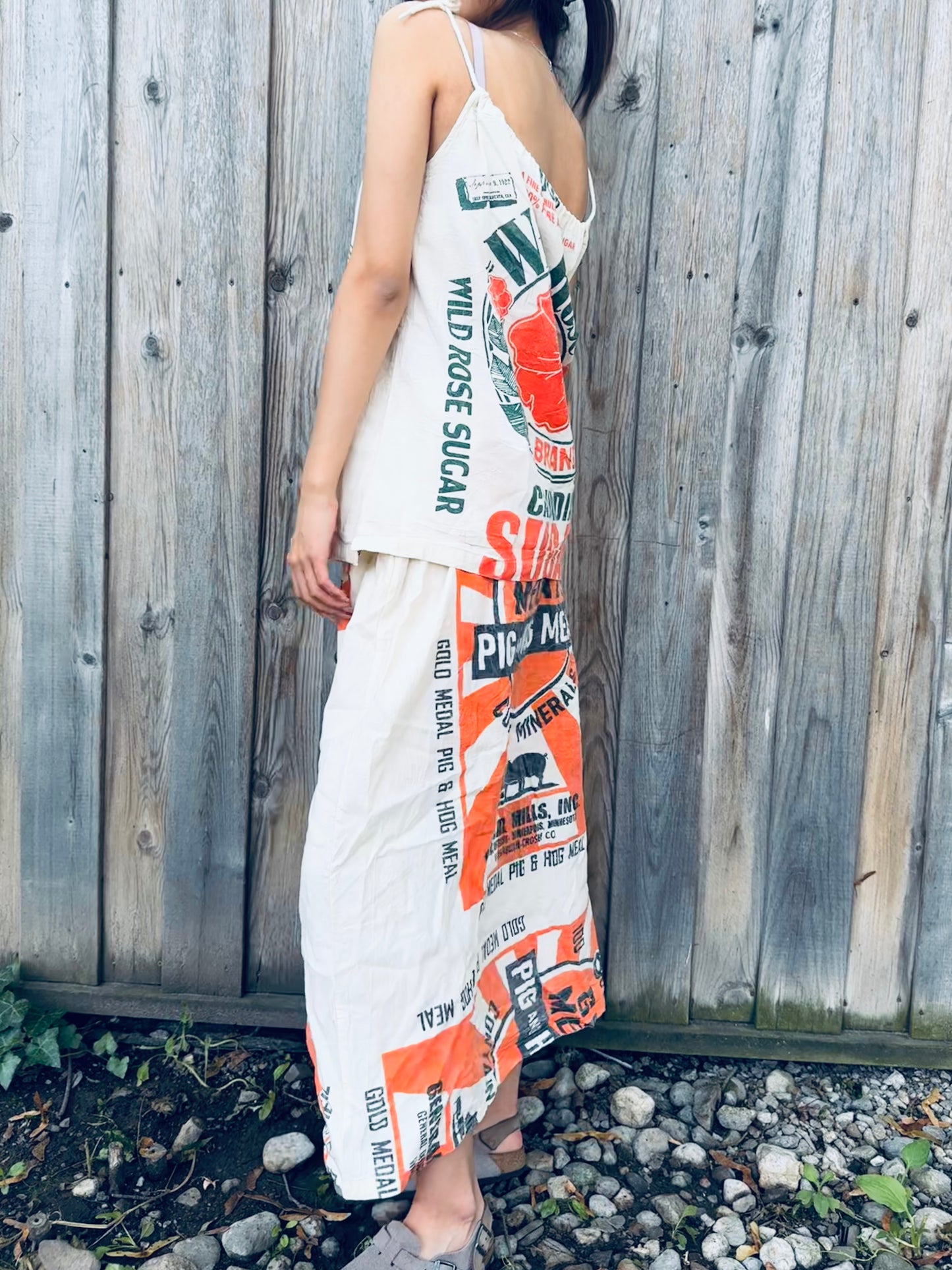 Vintage Sack‑Print Washed Cotton Maxi Skirt – Adjustable Waist, One Size