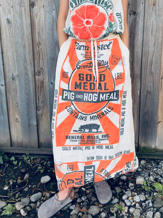 Vintage Sack‑Print Washed Cotton Maxi Skirt – Adjustable Waist, One Size