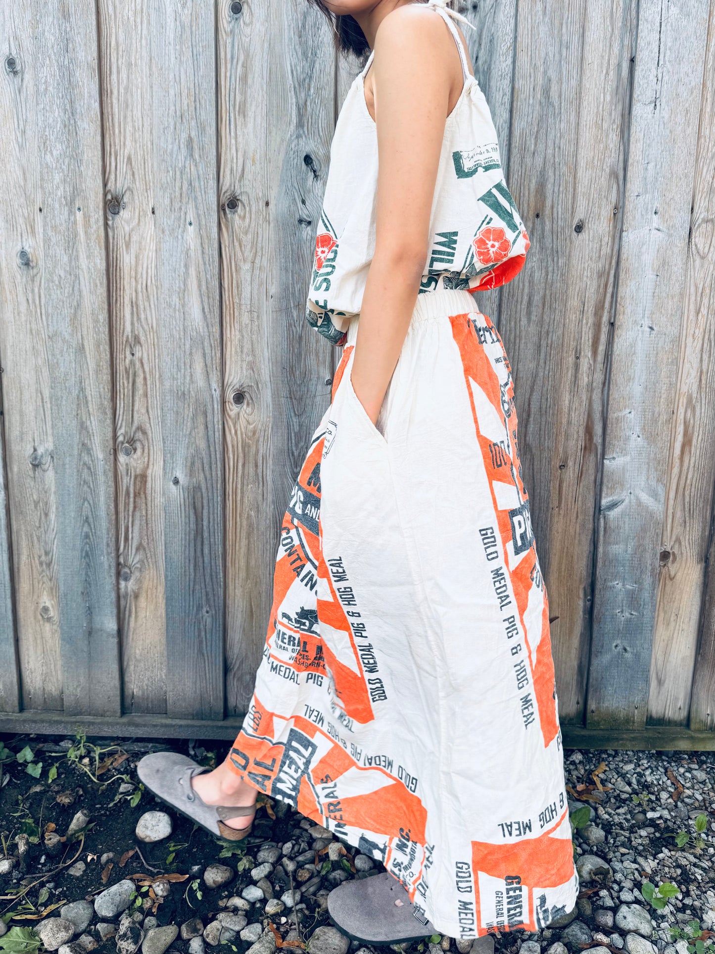 Vintage Sack‑Print Washed Cotton Maxi Skirt – Adjustable Waist, One Size
