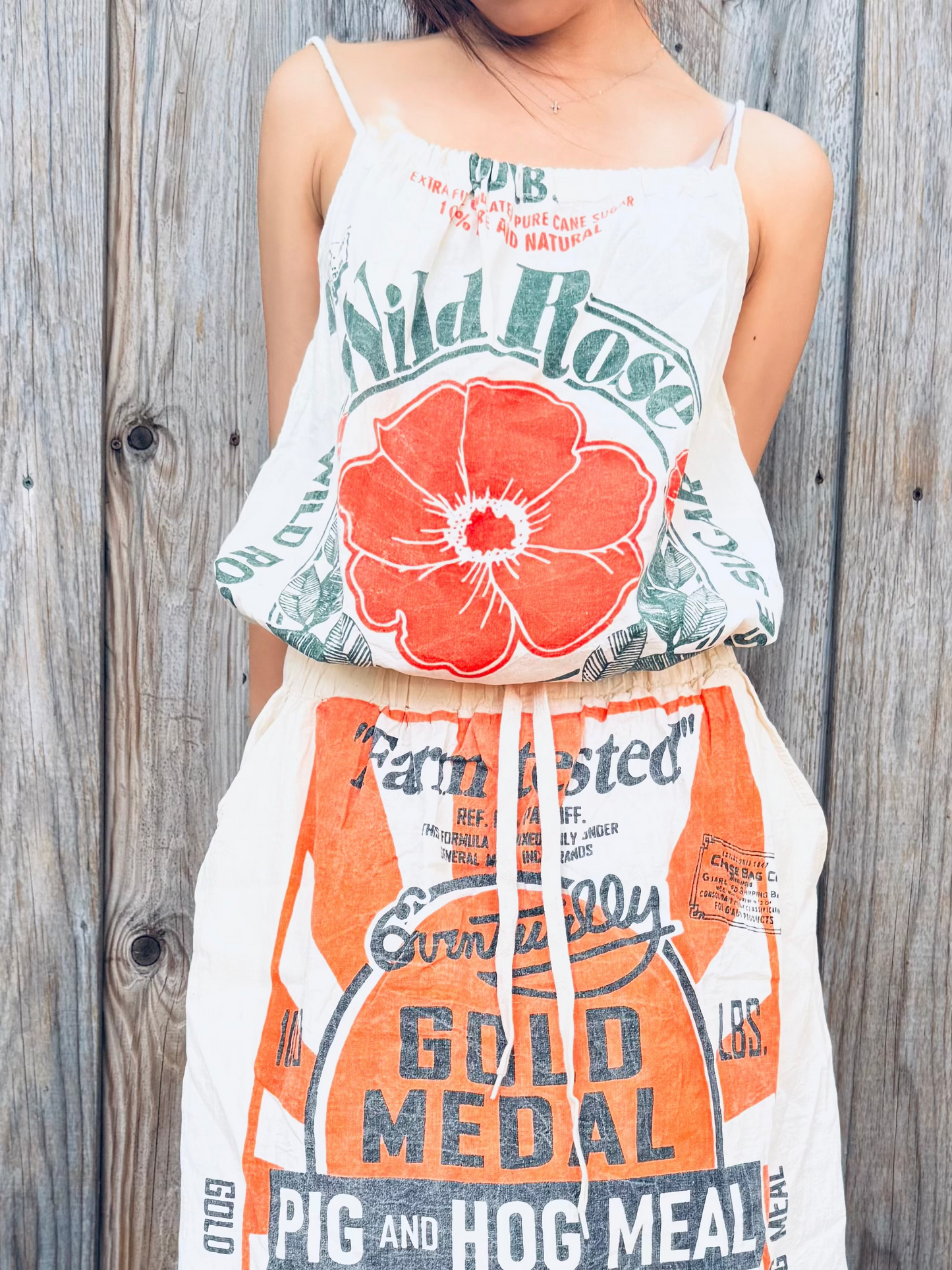 Vintage Wild Rose Print Washed Cotton Cami Top – Adjustable, One Size