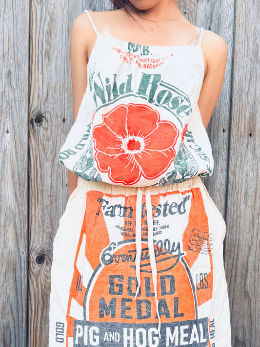 Vintage Wild Rose Print Washed Cotton Cami Top – Adjustable, One Size