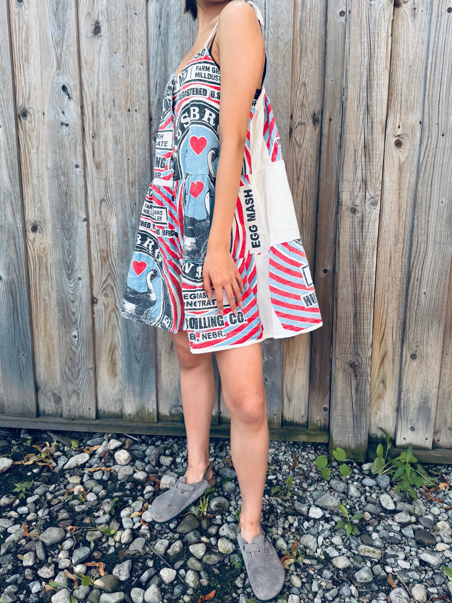 Vintage Swan Print Washed Cotton Strappy Dress – Adjustable, One Size