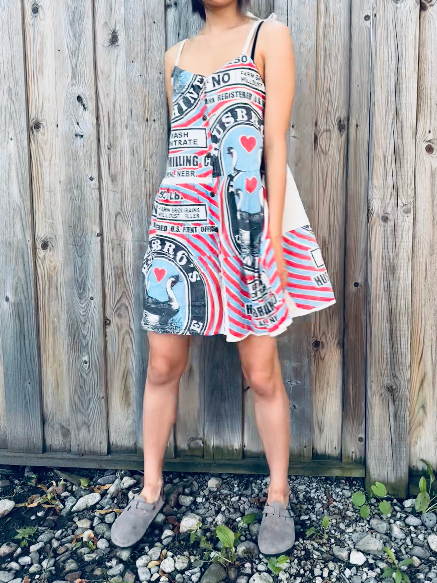 Vintage Swan Print Washed Cotton Strappy Dress – Adjustable, One Size