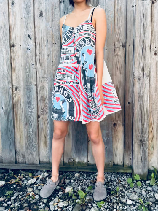 Vintage Swan Print Washed Cotton Strappy Dress – Adjustable, One Size