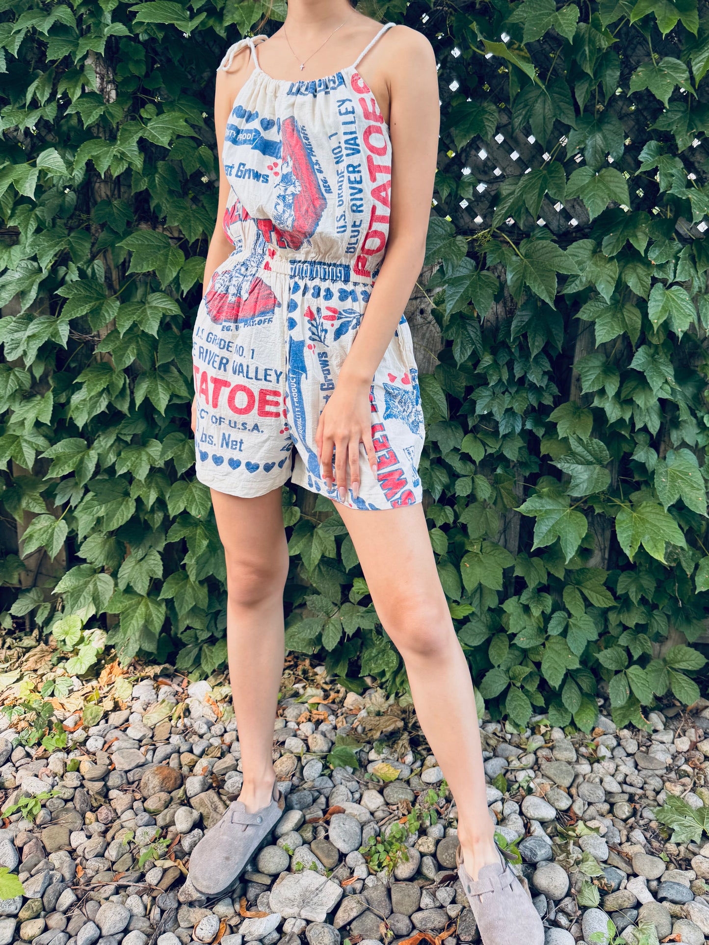 Vintage Potato Sack Print Washed Cotton Romper – Adjustable, One Size