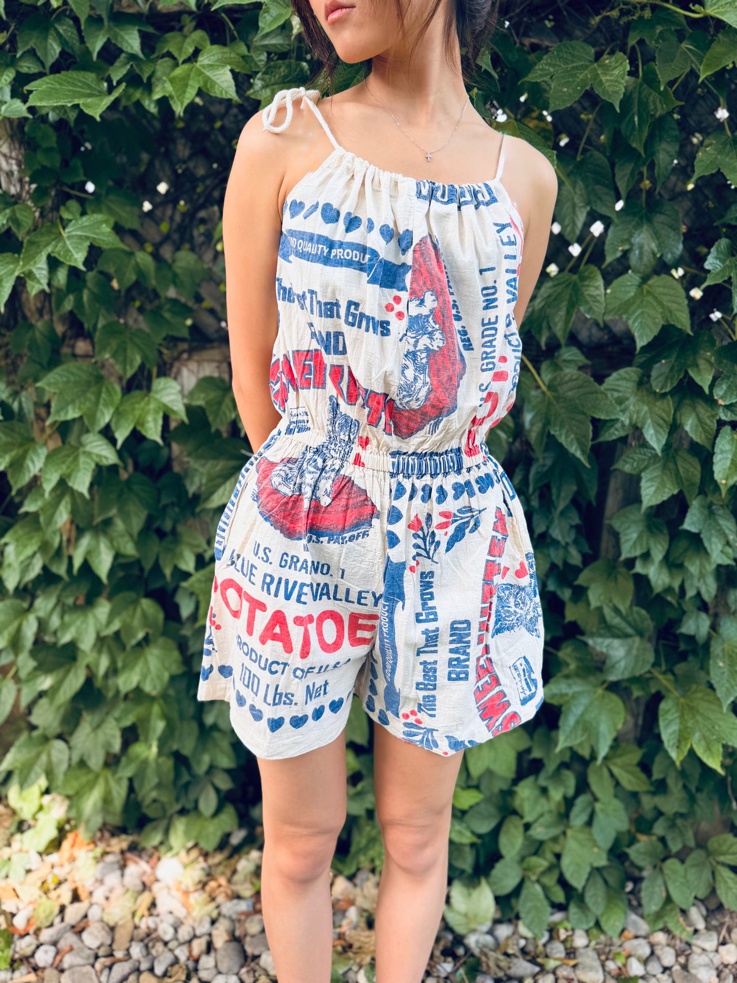 Vintage Potato Sack Print Washed Cotton Romper – Adjustable, One Size