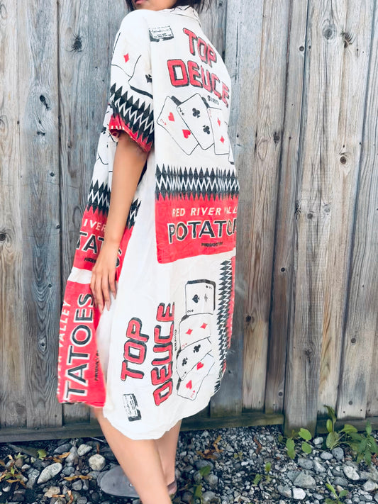 Vintage Poker Print Washed Cotton Shirt‑Dress – Wear Solo or as a Layer