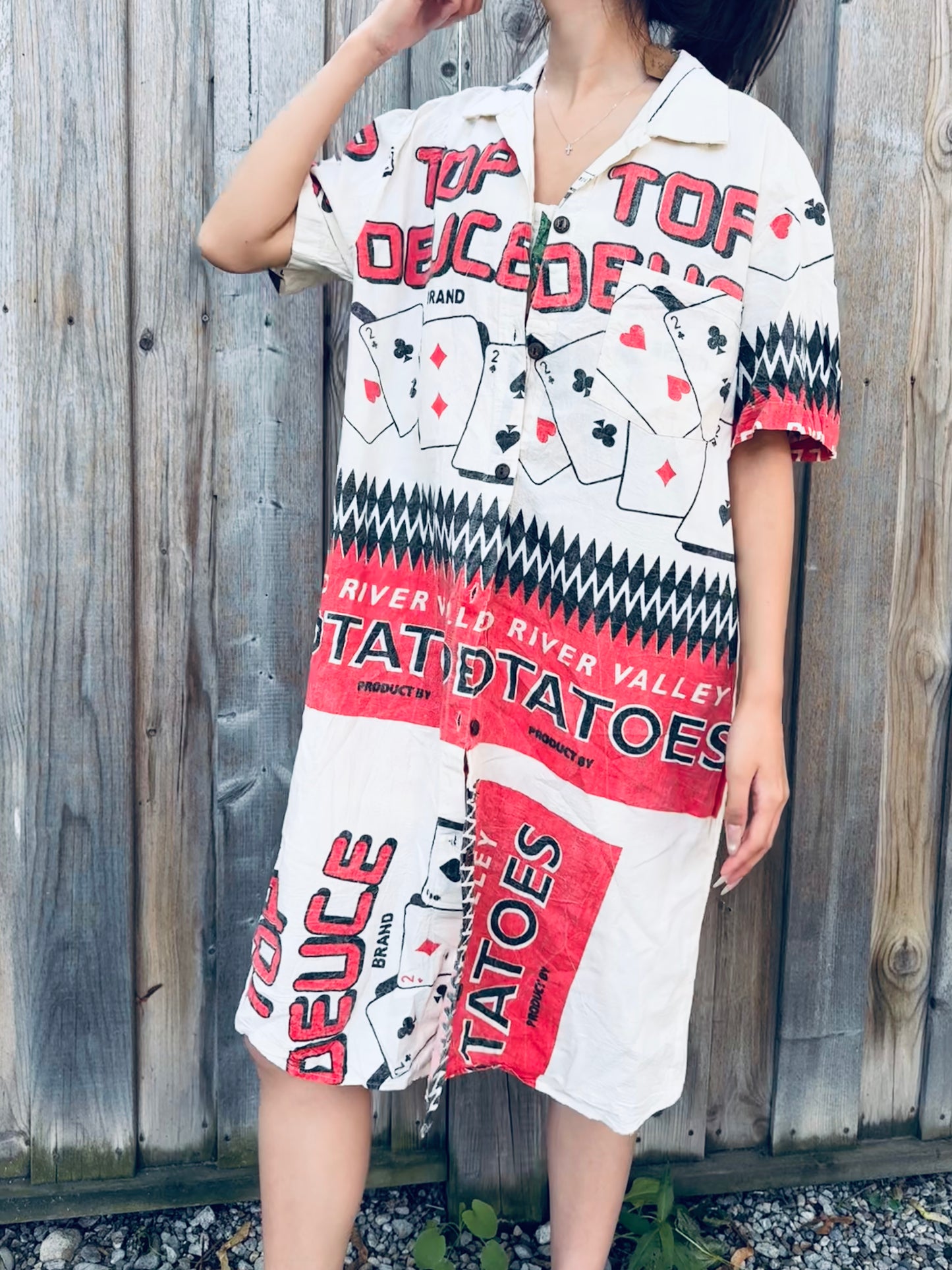 Vintage Poker Print Washed Cotton Shirt‑Dress – Wear Solo or as a Layer