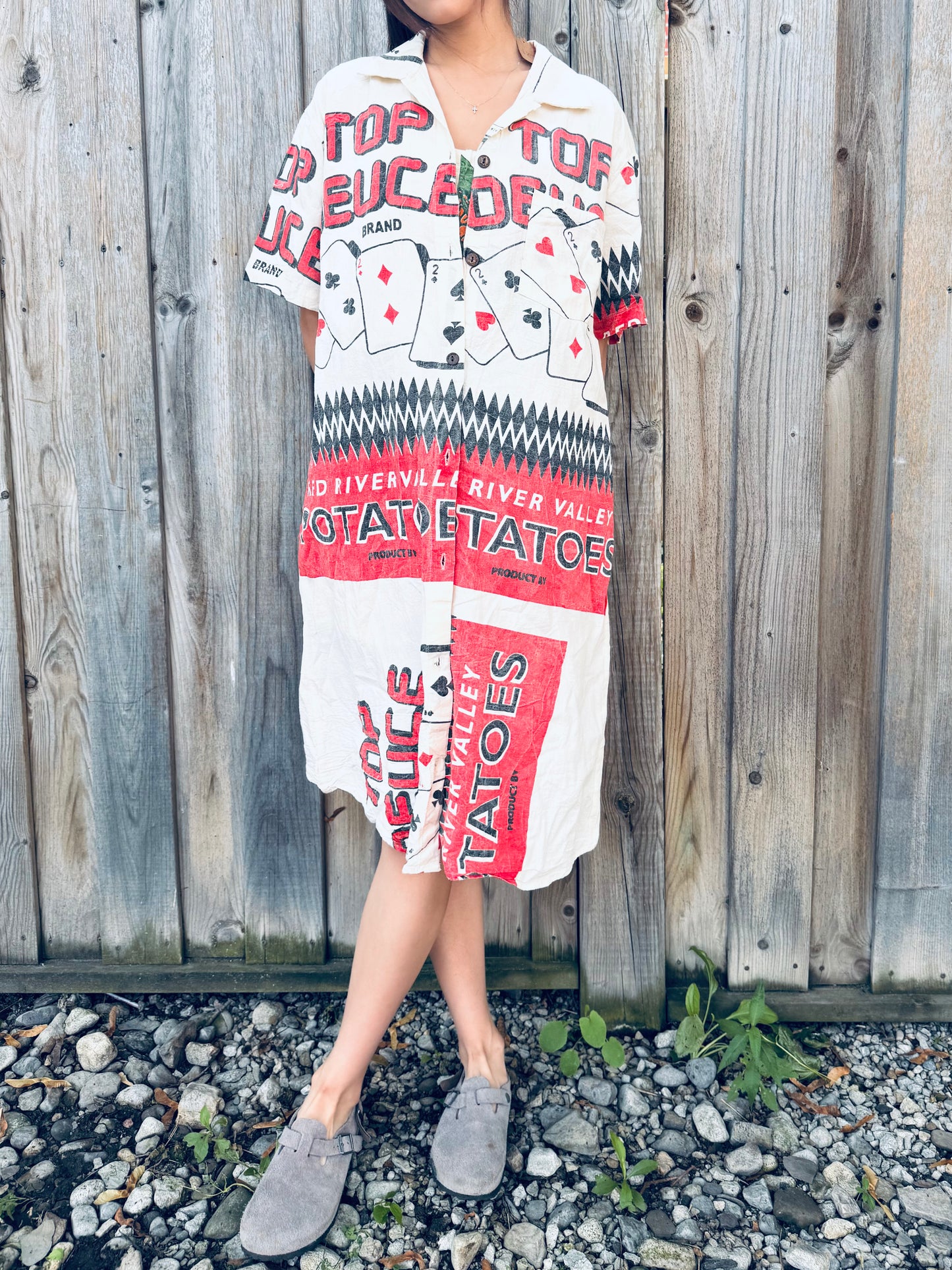 Vintage Poker Print Washed Cotton Shirt‑Dress – Wear Solo or as a Layer
