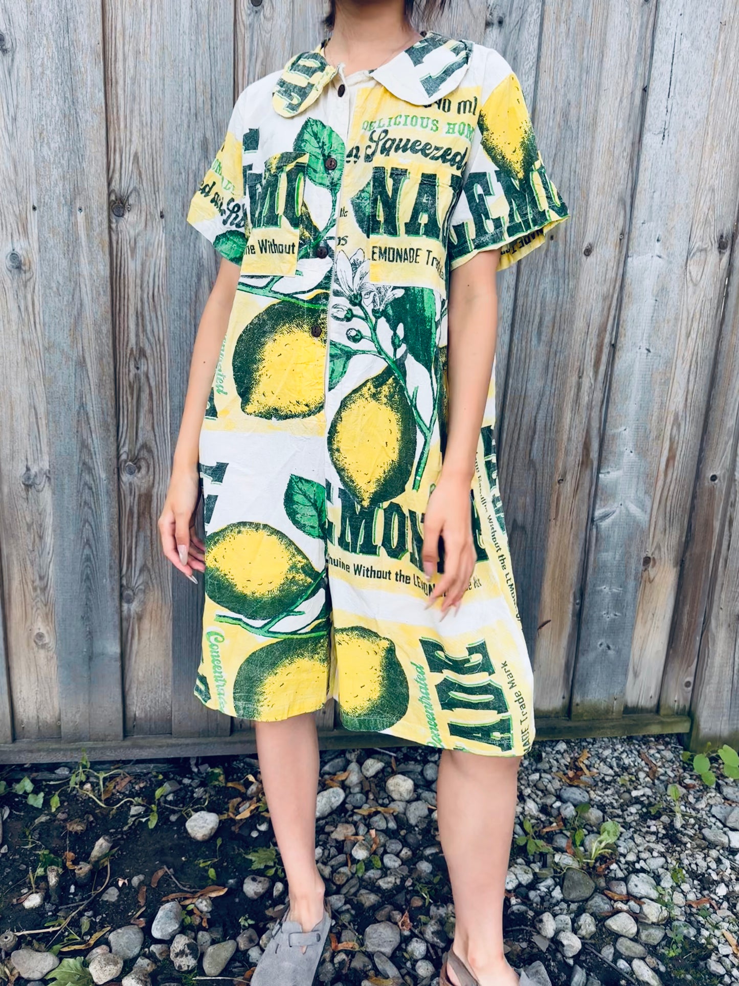 Vintage Lemonade Print Washed Cotton Jumpsuit – Fresh & Playful Everyday Wear