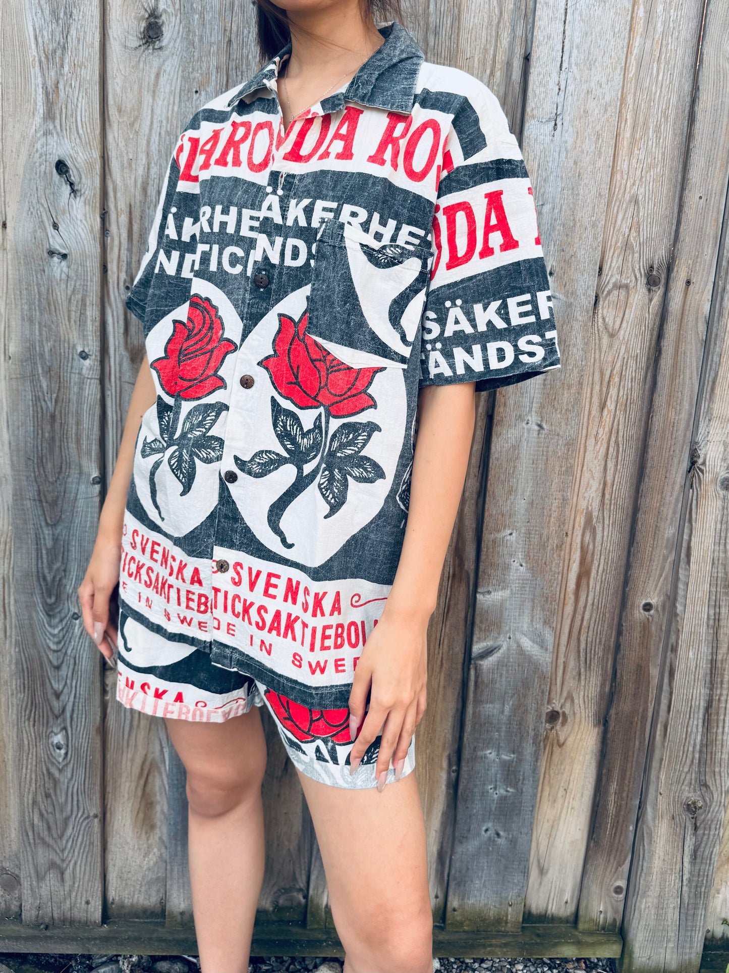 Red Rose Matchbox Print Button-Up Shirt