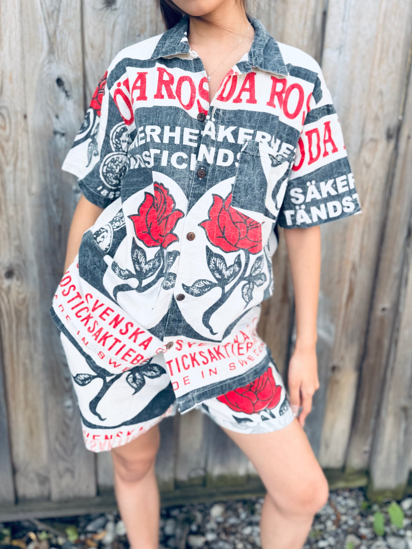 Red Rose Matchbox Print Button-Up Shirt