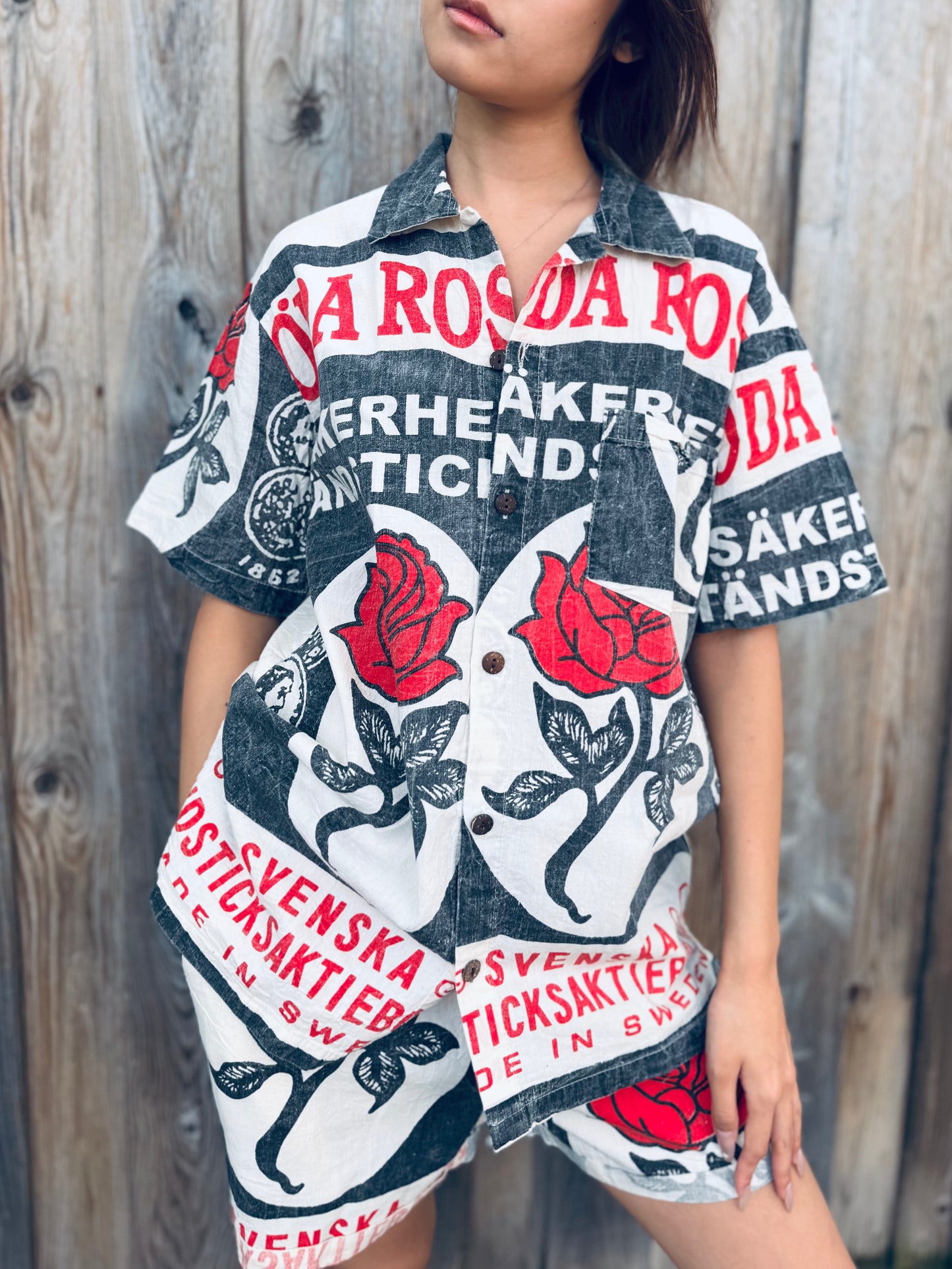 Red Rose Matchbox Print Button-Up Shirt