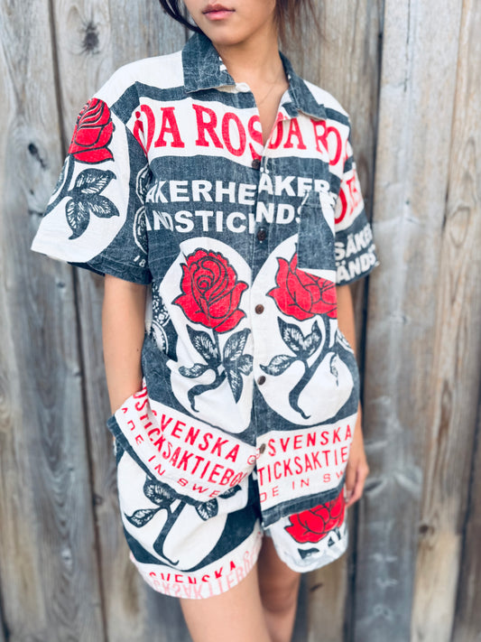 Red Rose Matchbox Print Button-Up Shirt