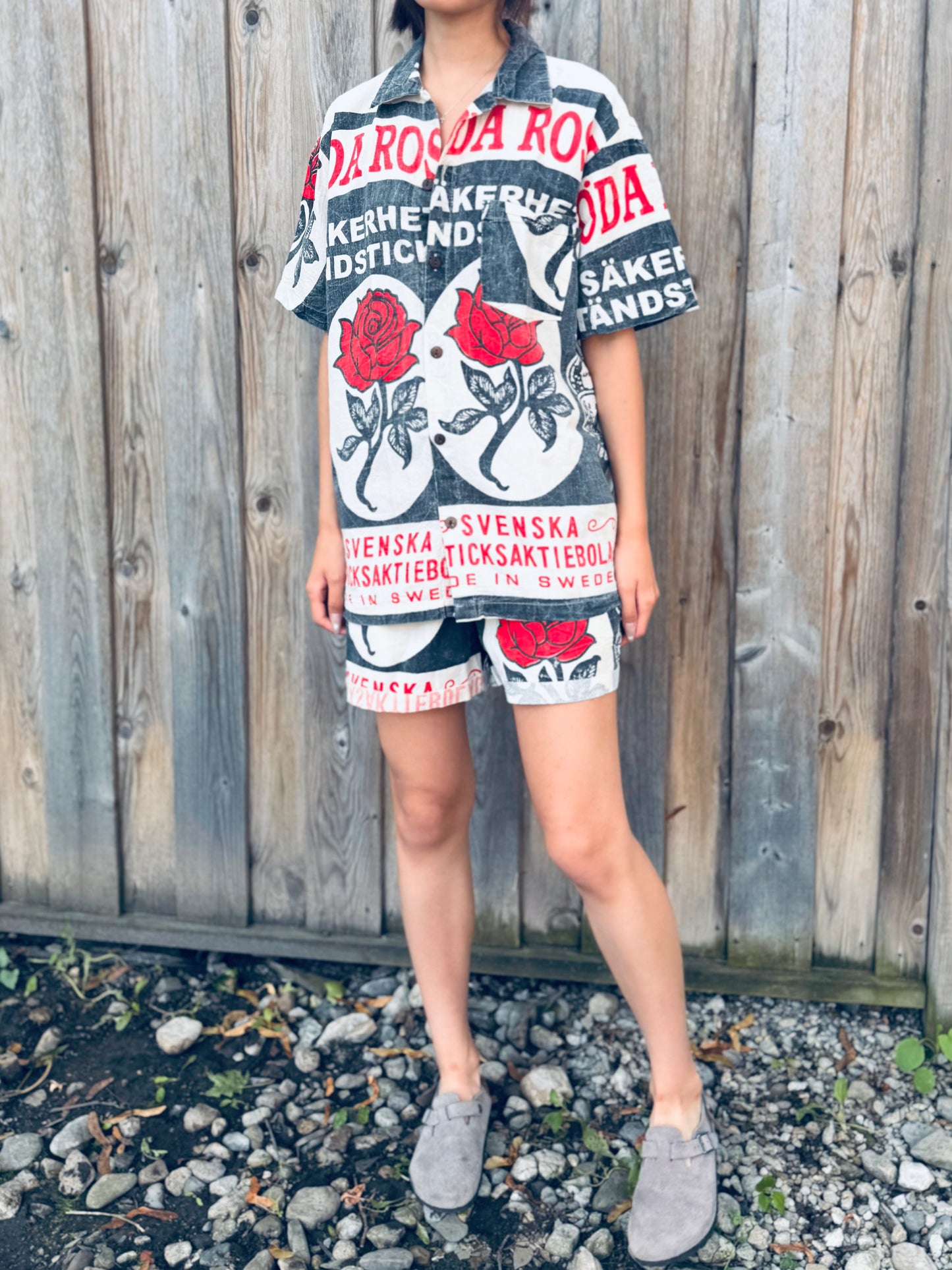 Red Rose Matchbox Print Drawstring Shorts