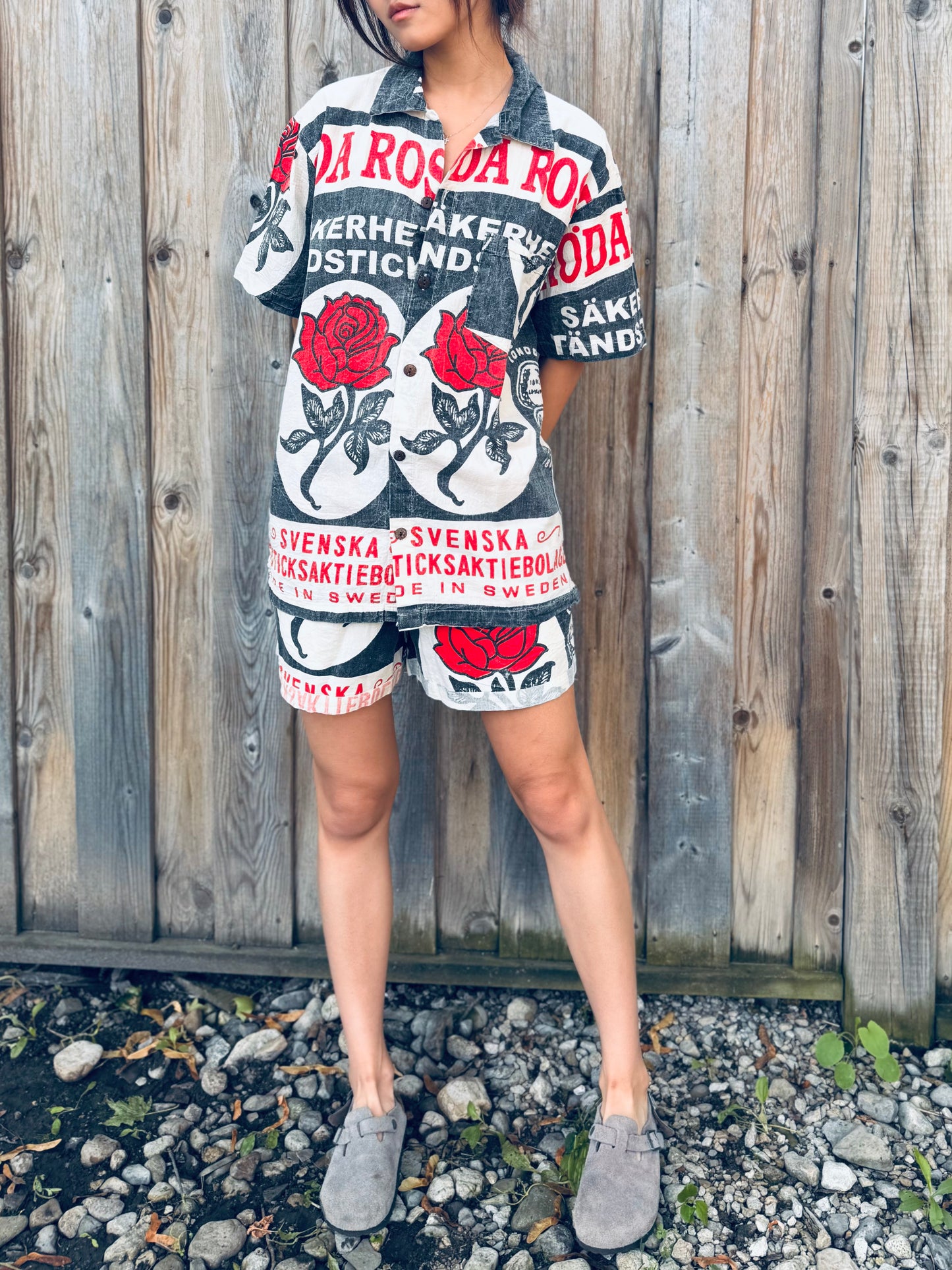 Red Rose Matchbox Print Drawstring Shorts