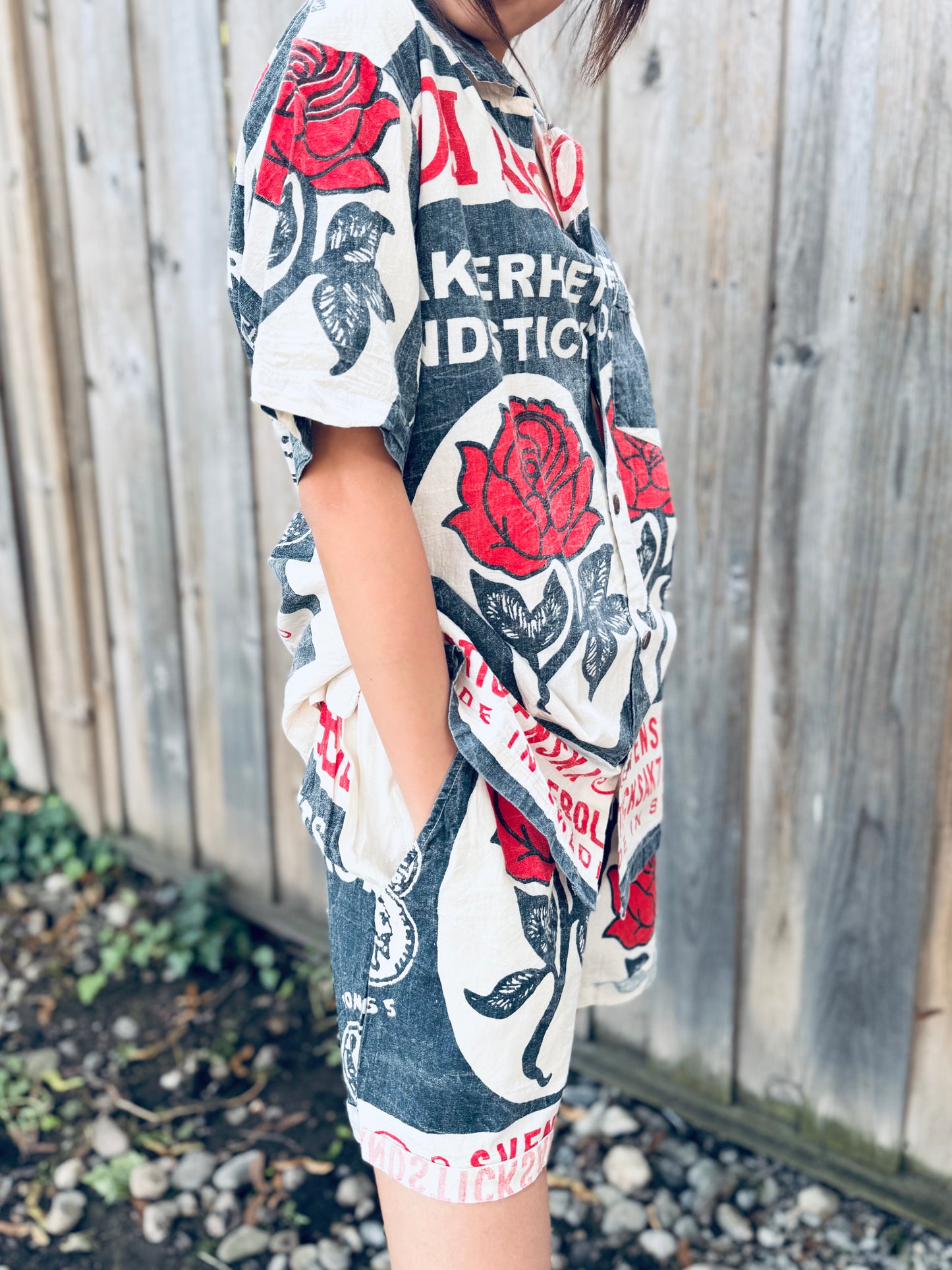 Red Rose Matchbox Print Drawstring Shorts